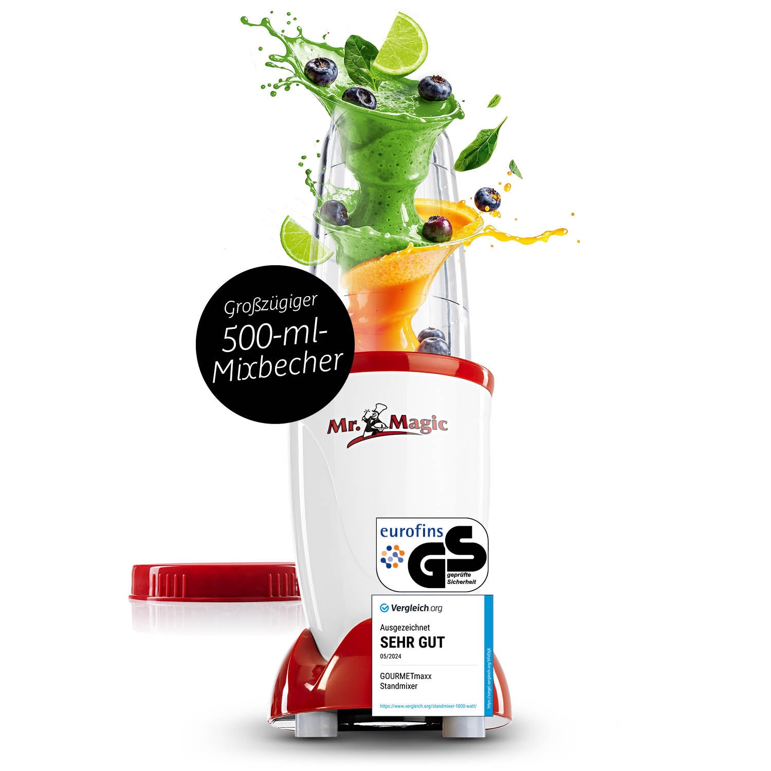 Mr. Magic Mixer - Weiß/Rot mit 500-ml-Mixbehälter, starkem 400-Watt-Motor und vielseitigen Mixfunktionen für frische Smoothies und mehr.