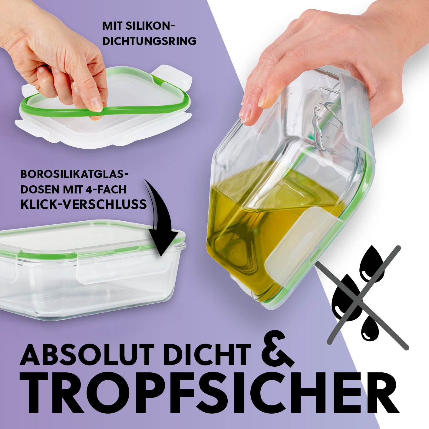 Frischhaltedosen Klick-it - 8-tlg. - Grün mit luftdichtem Klickverschluss und Silikonring, tropfsicher und auslaufsicher aus Borosilikatglas.