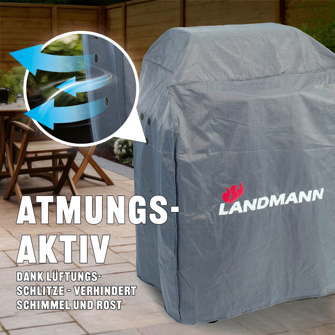 Wetterschutzhaube Premium - 55x117x90 cm grau, atmungsaktiv, wasserdicht, kältebeständig bis -20°C, UV-beständig, mit Lüftungsschlitzen.