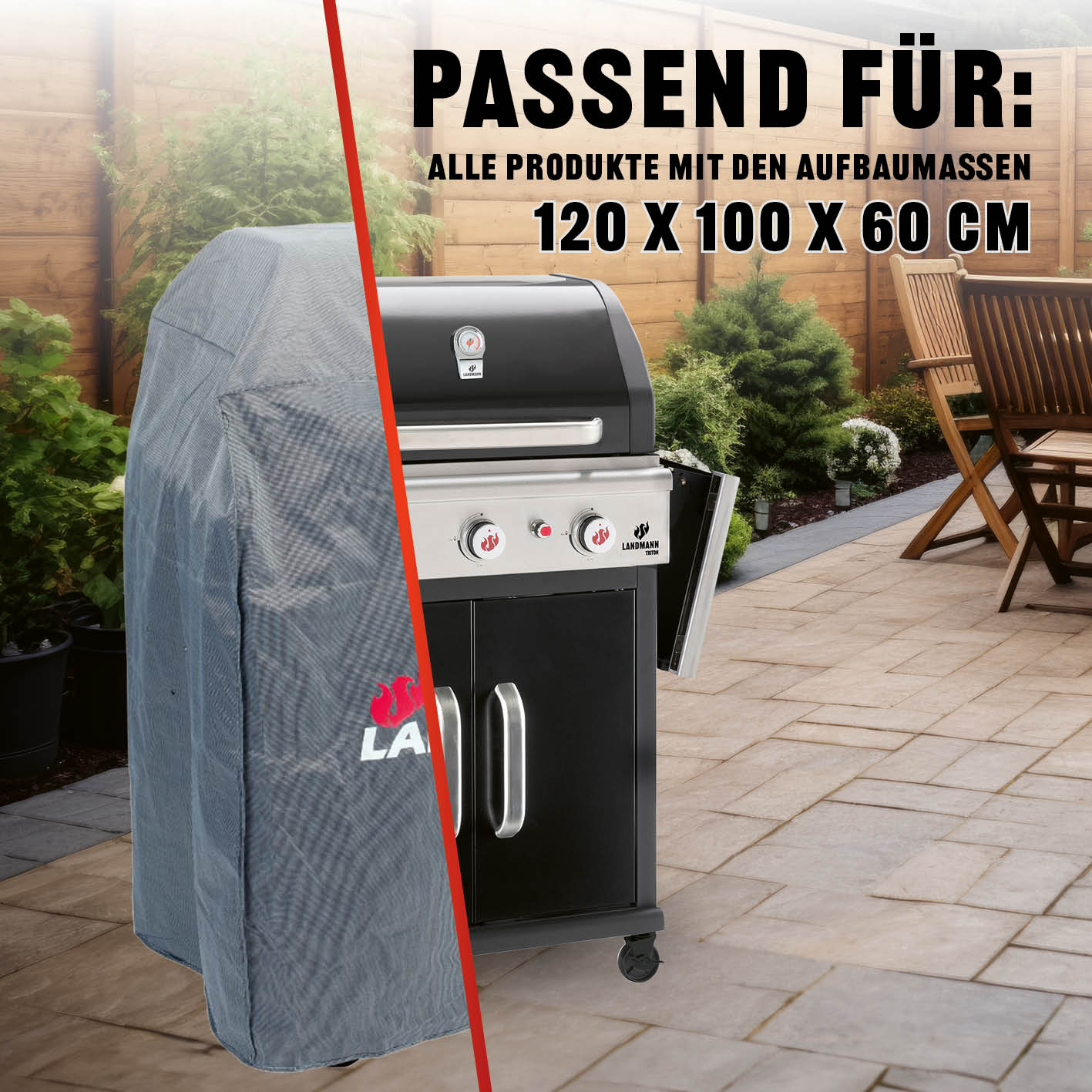 Wetterschutzhaube Premium - 55 x 117 x 90 cm, grau, wasserdicht, kältebeständig bis -20°C, atmungsaktiv mit 6 Ventilationsöffnungen.