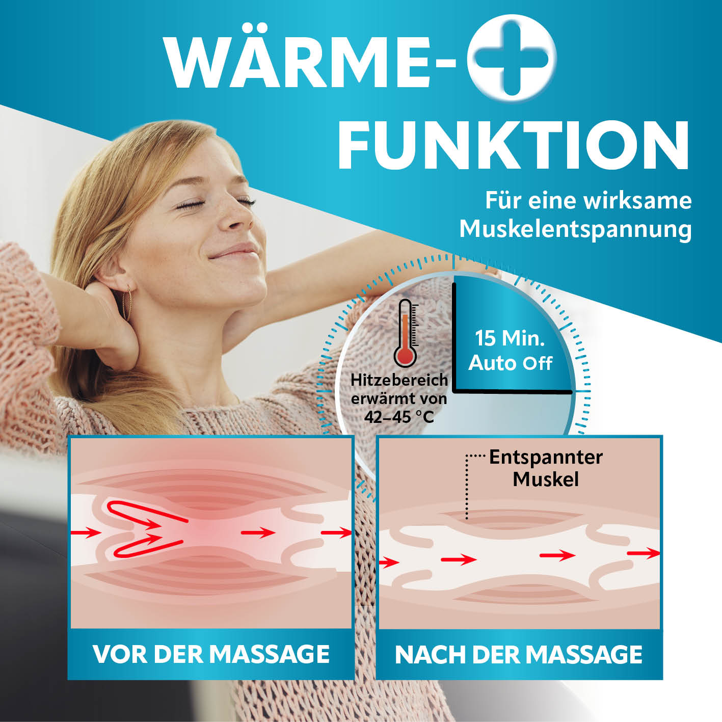 Shiatsu-Massagegerät - 8 Massagebälle mit zuschaltbarer Wärmefunktion für effektive Muskelentspannung und 15 Min. Auto-Off.
