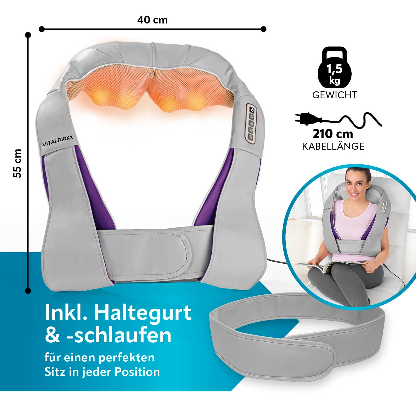 Shiatsu-Massagegerät - 8 Massagebälle mit Wärmefunktion, Haltegurt, 210 cm Kabellänge für Nacken- und Schultermassage.