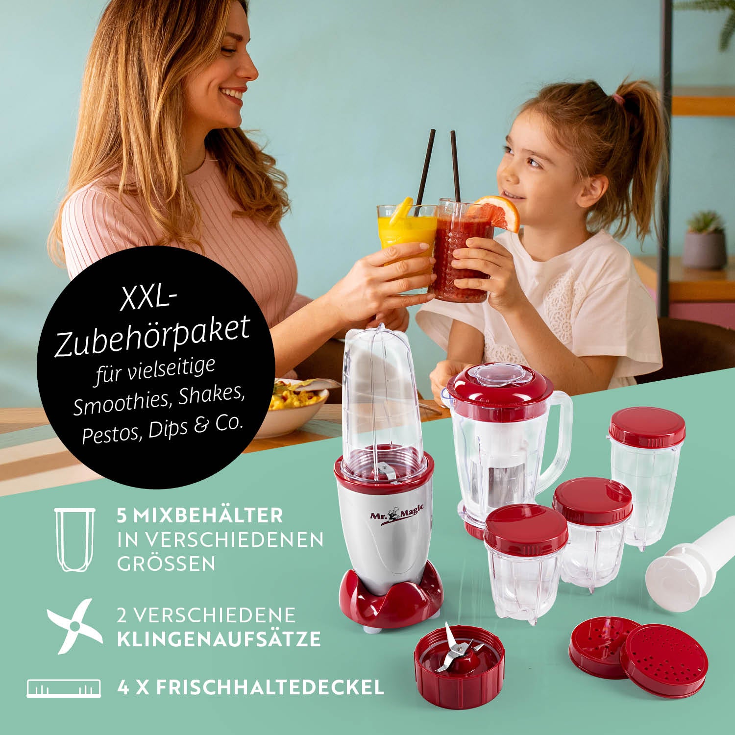 Mr. Magic Mixer - Silber/Rot mit XXL-Zubehörset für Smoothies, Shakes, Pestos und Dips, kompakter 400W Standmixer.