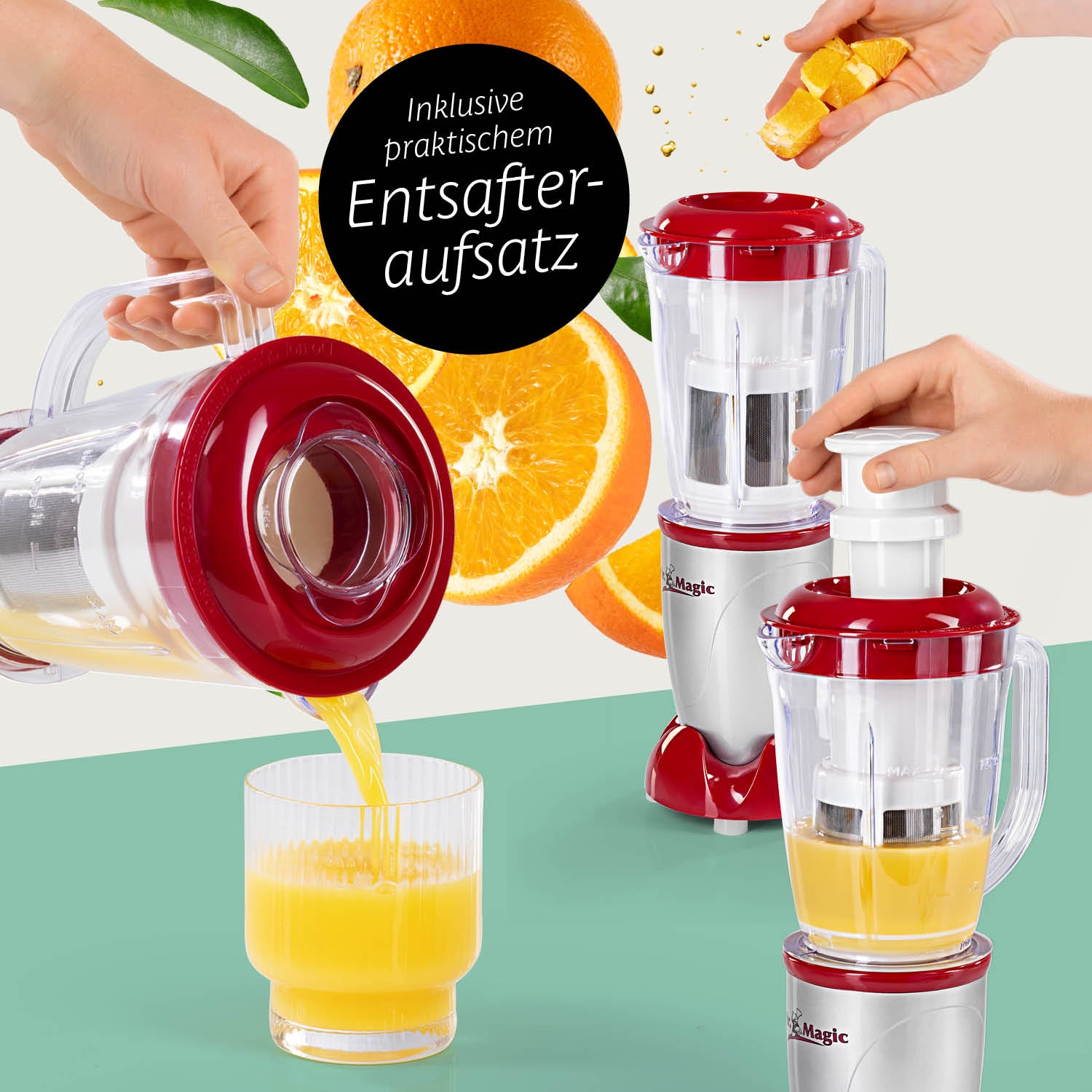 Mr. Magic Mixer - Silber/Rot mit praktischem Entsafteraufsatz, frisch gepresster Orangensaft wird in Glas gegossen.