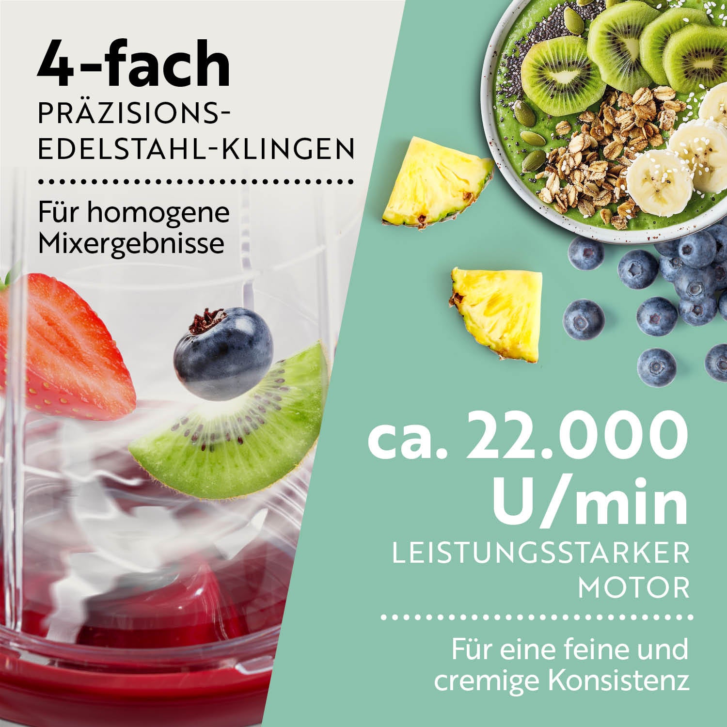 Mr. Magic Mixer - Silber/Rot mit 4-fach Edelstahlklingen und 22000 U/min Motor für feine, cremige Mixergebnisse.