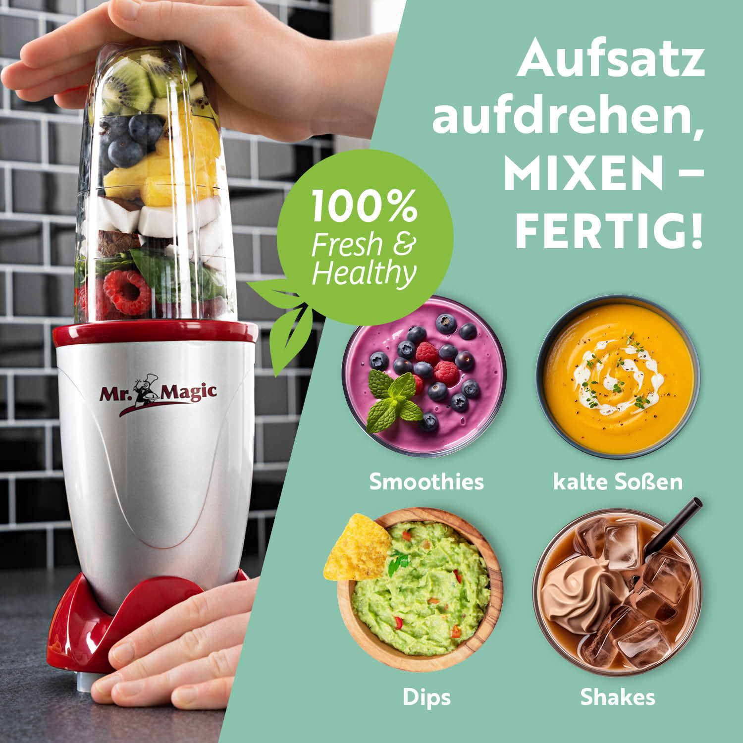 Mr. Magic Mixer - Silber/Rot mit 400W Motor bereitet Smoothies, Shakes, Dips und kalte Soßen schnell und einfach zu.