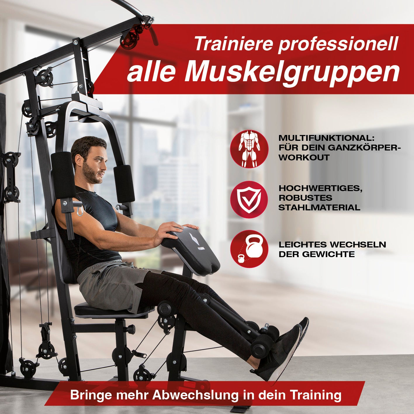 Kraftstation für Ganzkörper-Workout mit verstellbaren Gewichten, gepolsterten Griffen und robustem Stahlrahmen für effektives Training.