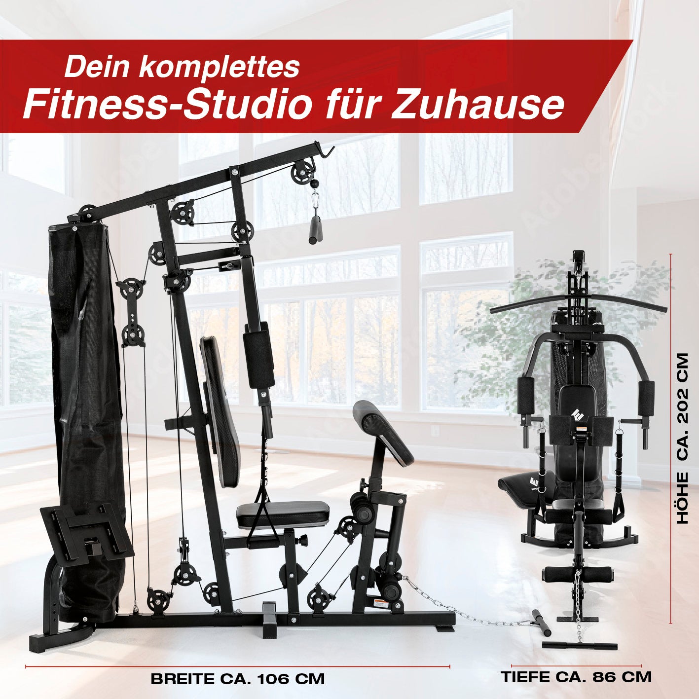 Kraftstation mit verstellbaren Gewichten bis 67 kg, gepolsterten Griffen und vielfältigen Trainingsmöglichkeiten für Zuhause.