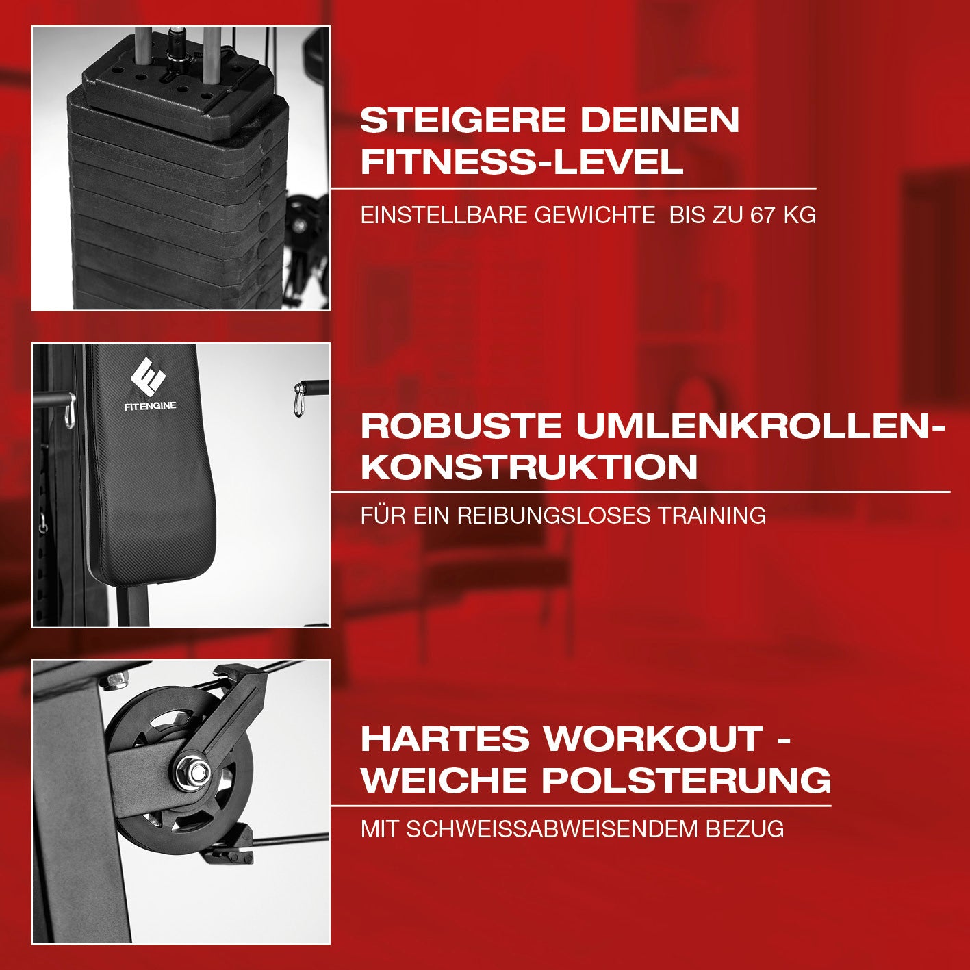 Kraftstation mit einstellbaren Gewichten bis 67 kg, robusten Umlenkrollen und gepolstertem Sitz mit wasserabweisendem Bezug.