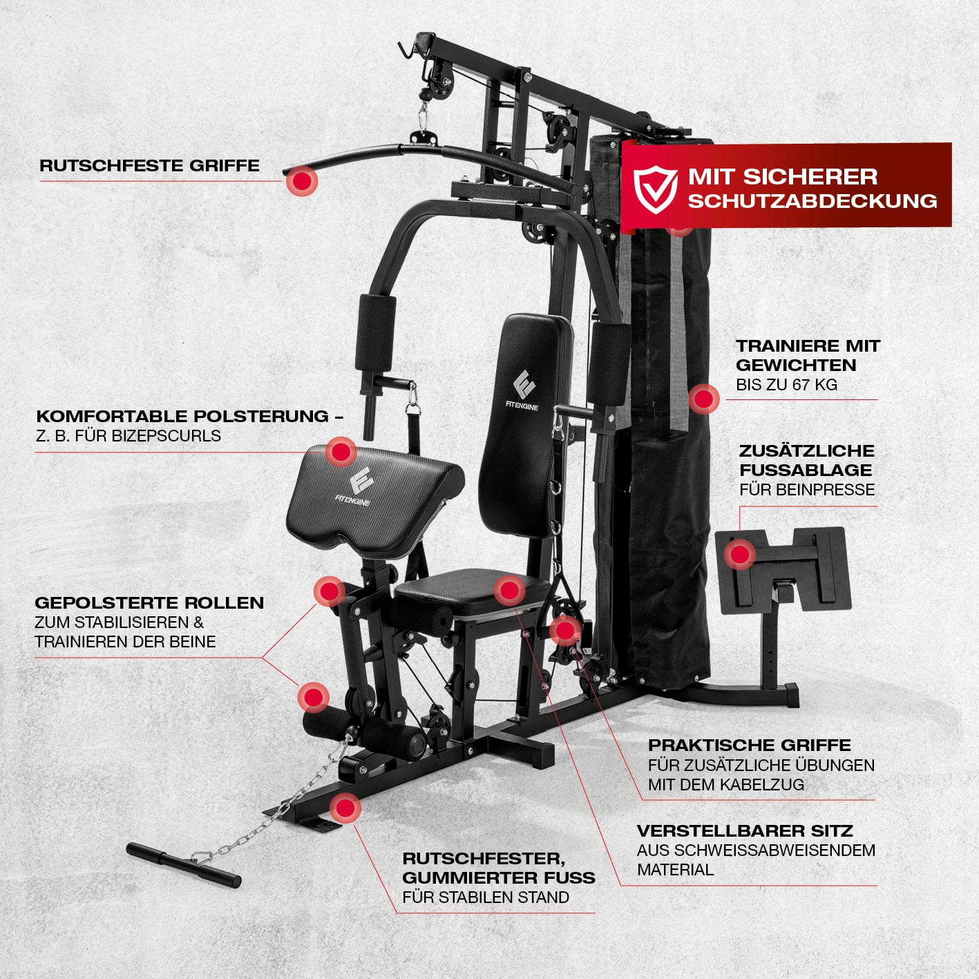 Kraftstation mit verstellbaren Gewichten bis 67 kg, gepolsterten Griffen, Sitz und Schutzabdeckung für sicheres Ganzkörper-Workout.