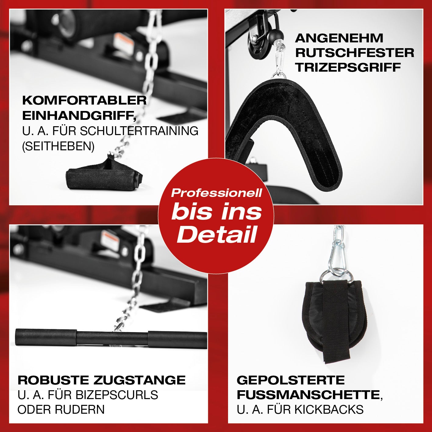 Kraftstation mit komfortablem Einhandgriff, rutschfestem Trizepsgriff, robuster Zugstange und gepolsterter Fußmanschette für vielseitiges Training.