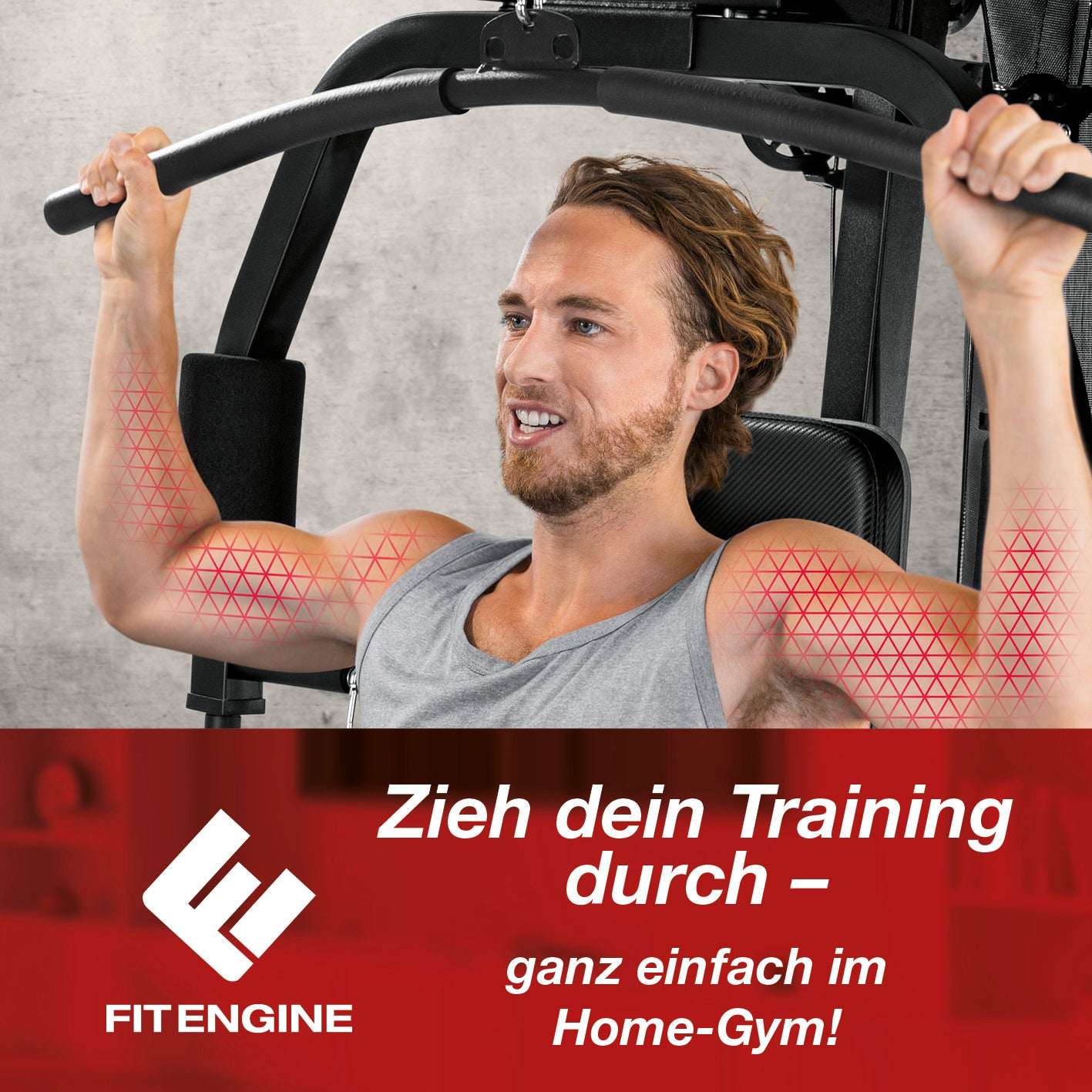 Mann trainiert mit Kraftstation, multifunktionale Fitnessmaschine für Ganzkörper-Workout zuhause mit bis zu 67 kg Gewichten.