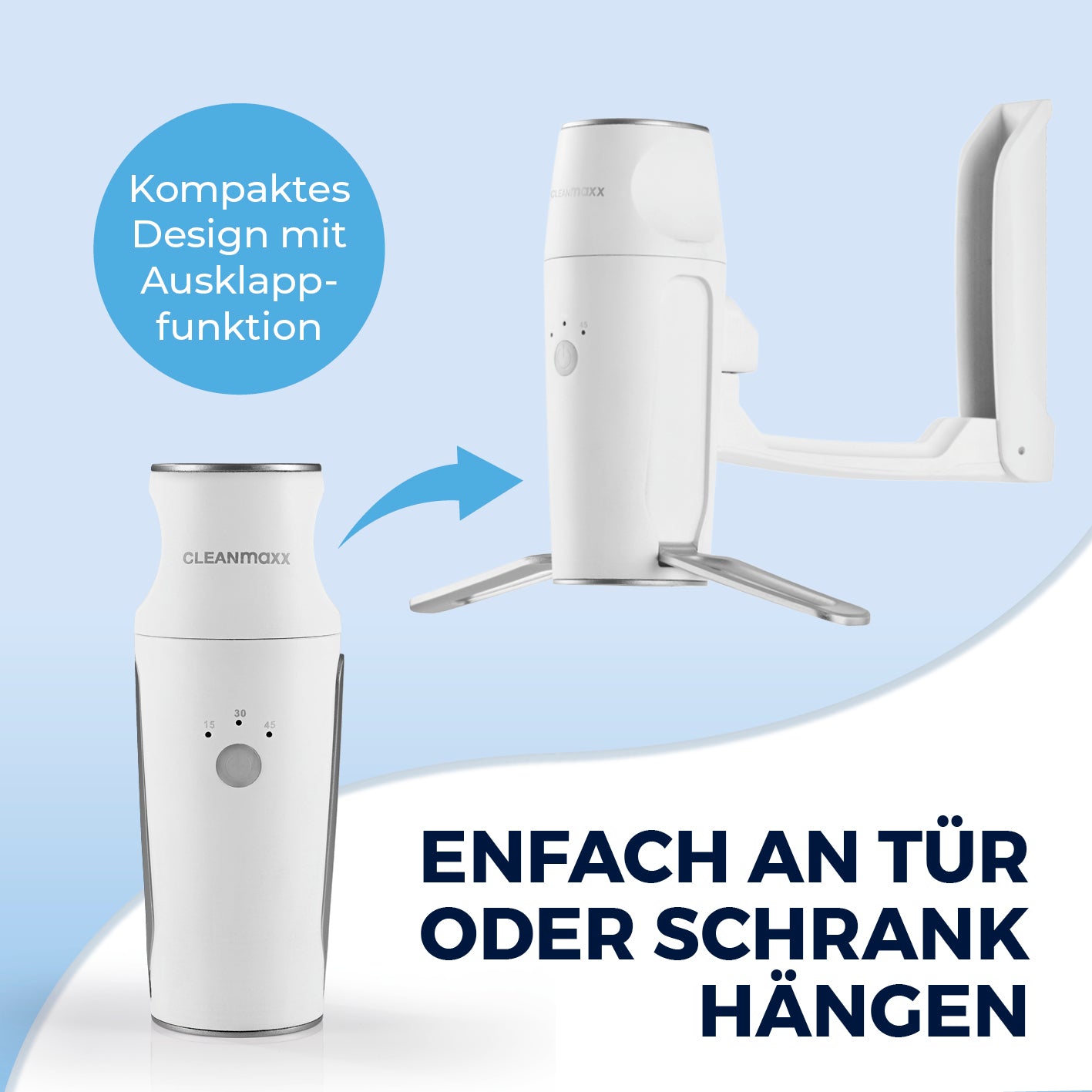 Hemden- & Blusenbügler Kompakt - weiß/silber mit handlichem Design und Ausklappfunktion, einfach an Tür oder Schrank zu hängen.