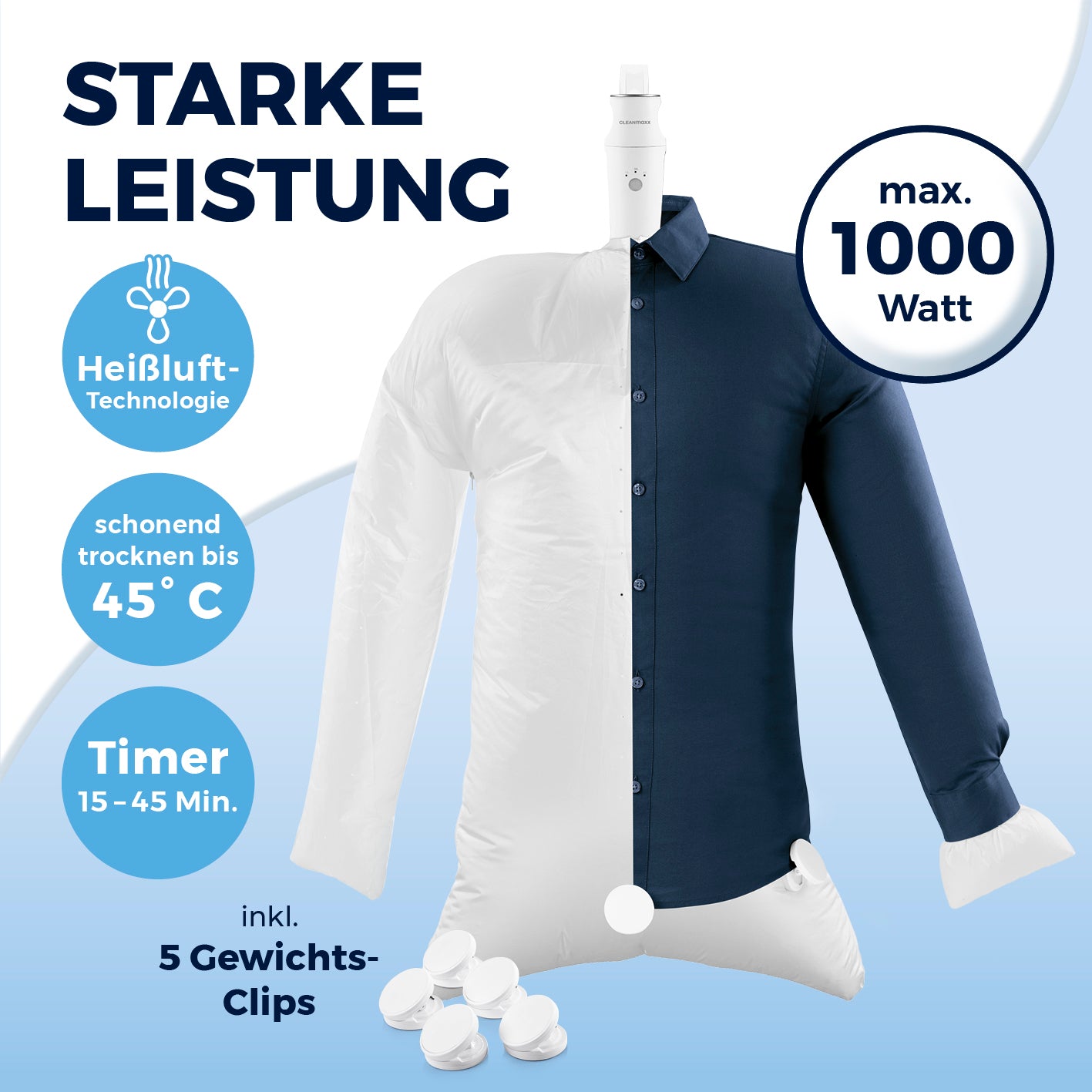 Hemden- & Blusenbügler Kompakt - weiß/silber mit Heißluft-Technologie, 1000 W Leistung, Timer und 5 Gewichts-Clips für faltenfreie Hemden.