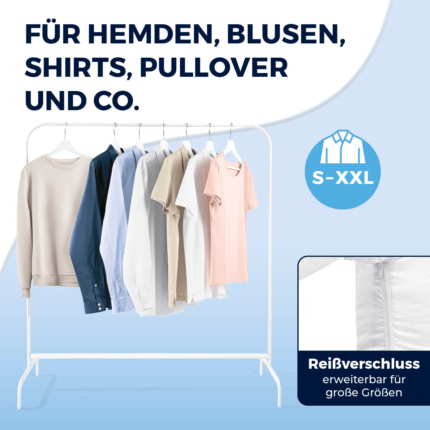Hemden- & Blusenbügler Kompakt - weiß/silber zeigt trocken und bügelfrei Hemden, Blusen, Shirts und Pullover in Größen S bis XXL.