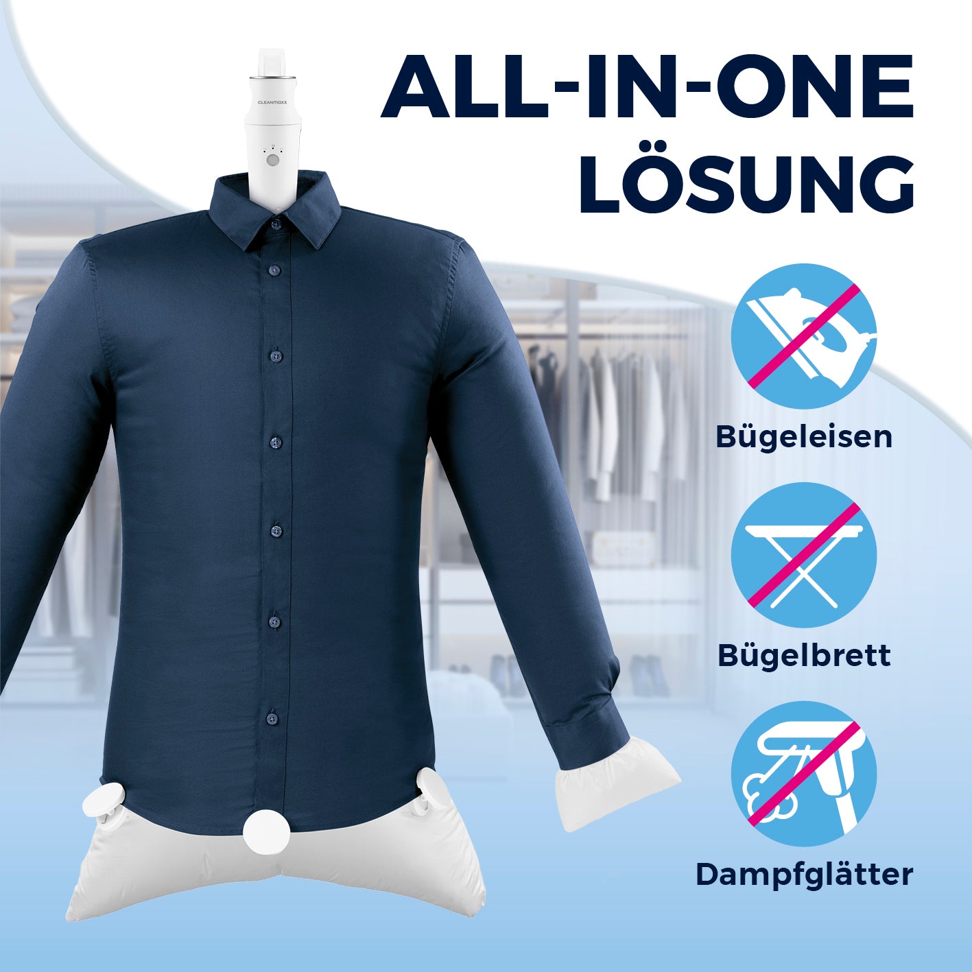 Hemden- & Blusenbügler Kompakt - weiß/silber mit automatischem Trocknen und Bügeln, ersetzt Bügeleisen, Bügelbrett und Dampfglätter.