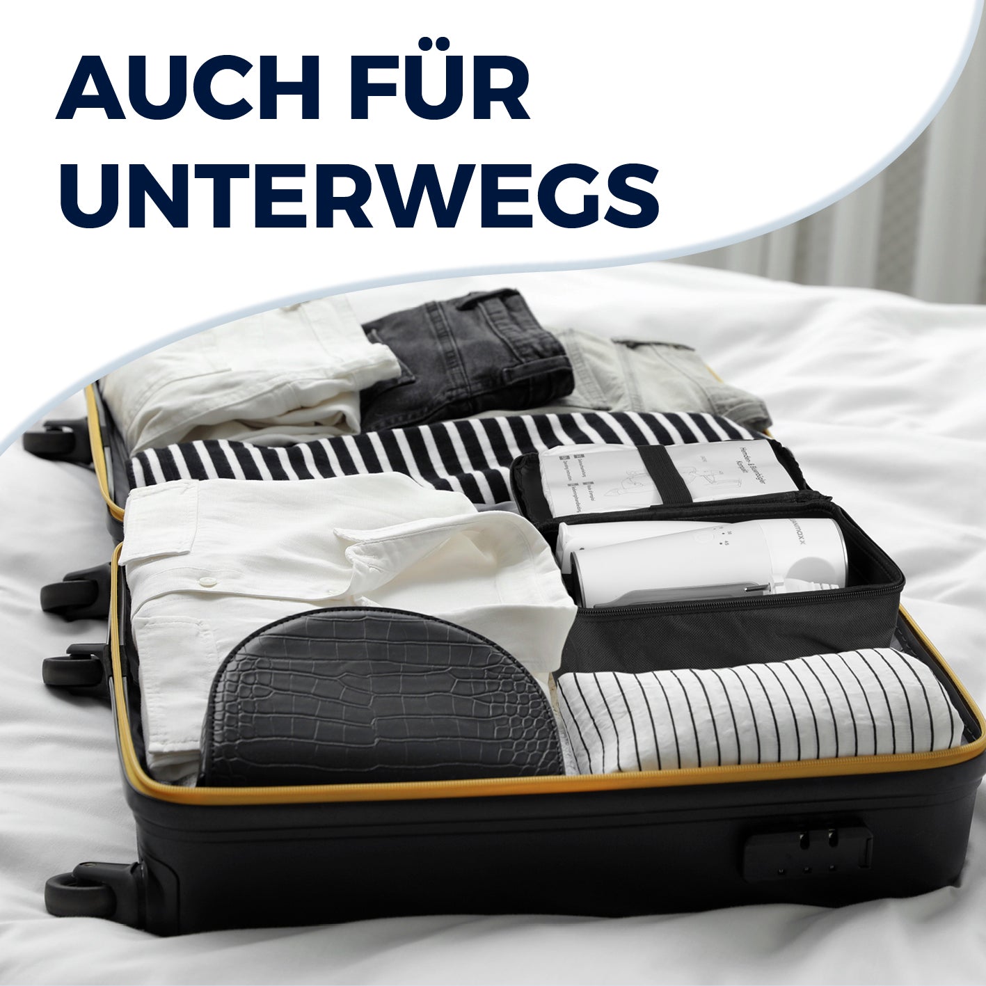 Hemden- & Blusenbügler Kompakt - weiß/silber im Reisekoffer, ideal für platzsparendes Trocknen und Bügeln unterwegs.