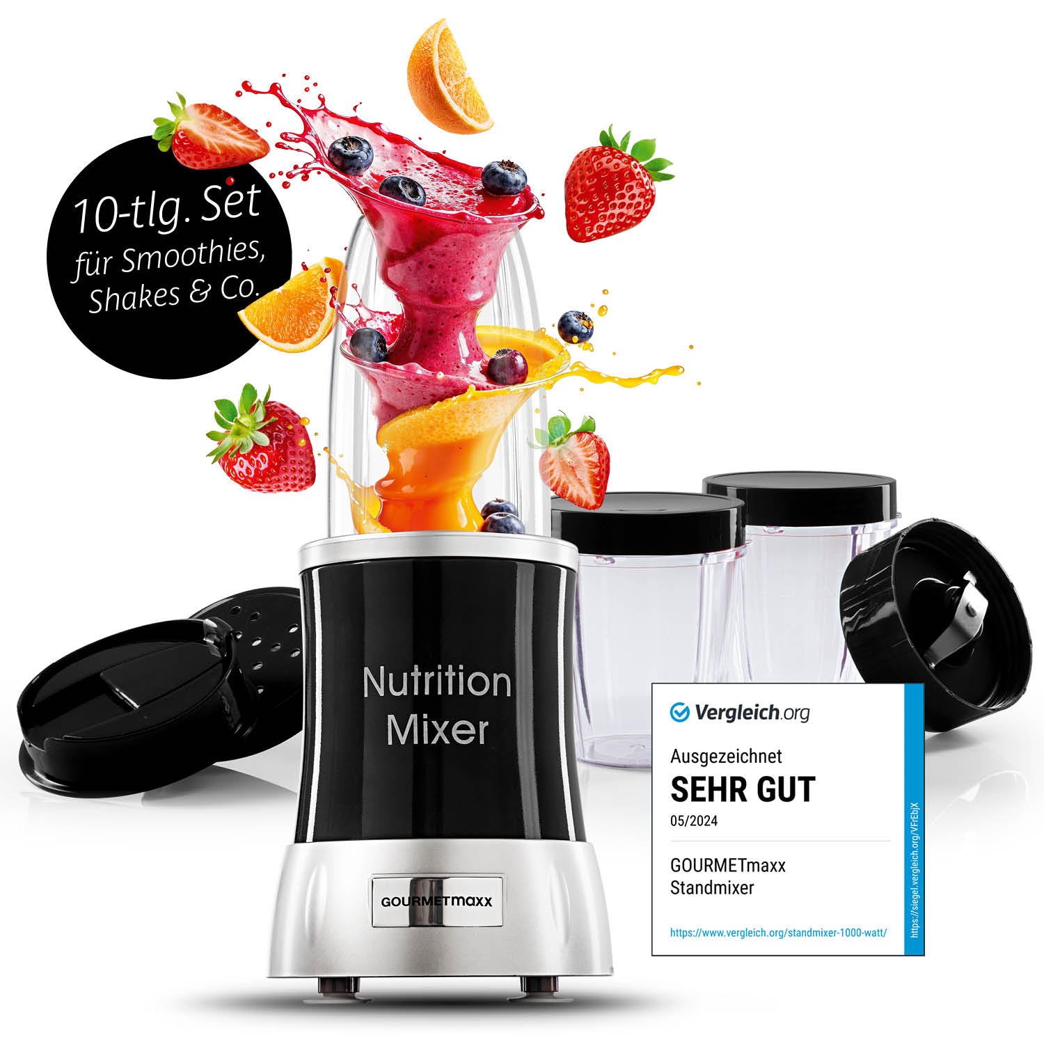 Nutrition Mixer Schwarz/Silber mit 10-tlg. Set für Smoothies, Shakes, Cocktails und einfache Zubereitung frischer Speisen.
