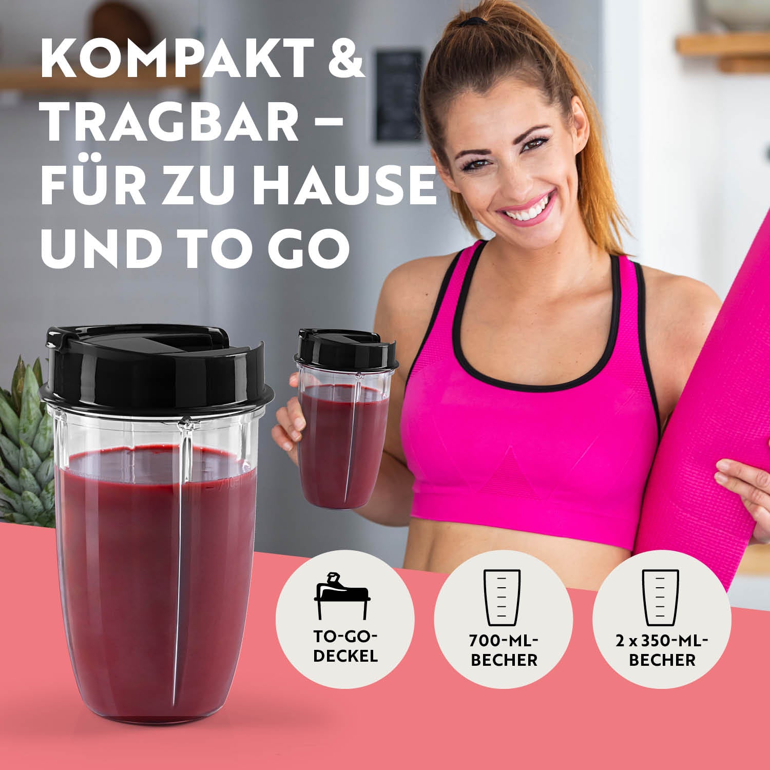 Nutrition Mixer Schwarz/Silber mit To-go-Deckel und Bechern, ideal für frische Smoothies Zuhause und unterwegs.