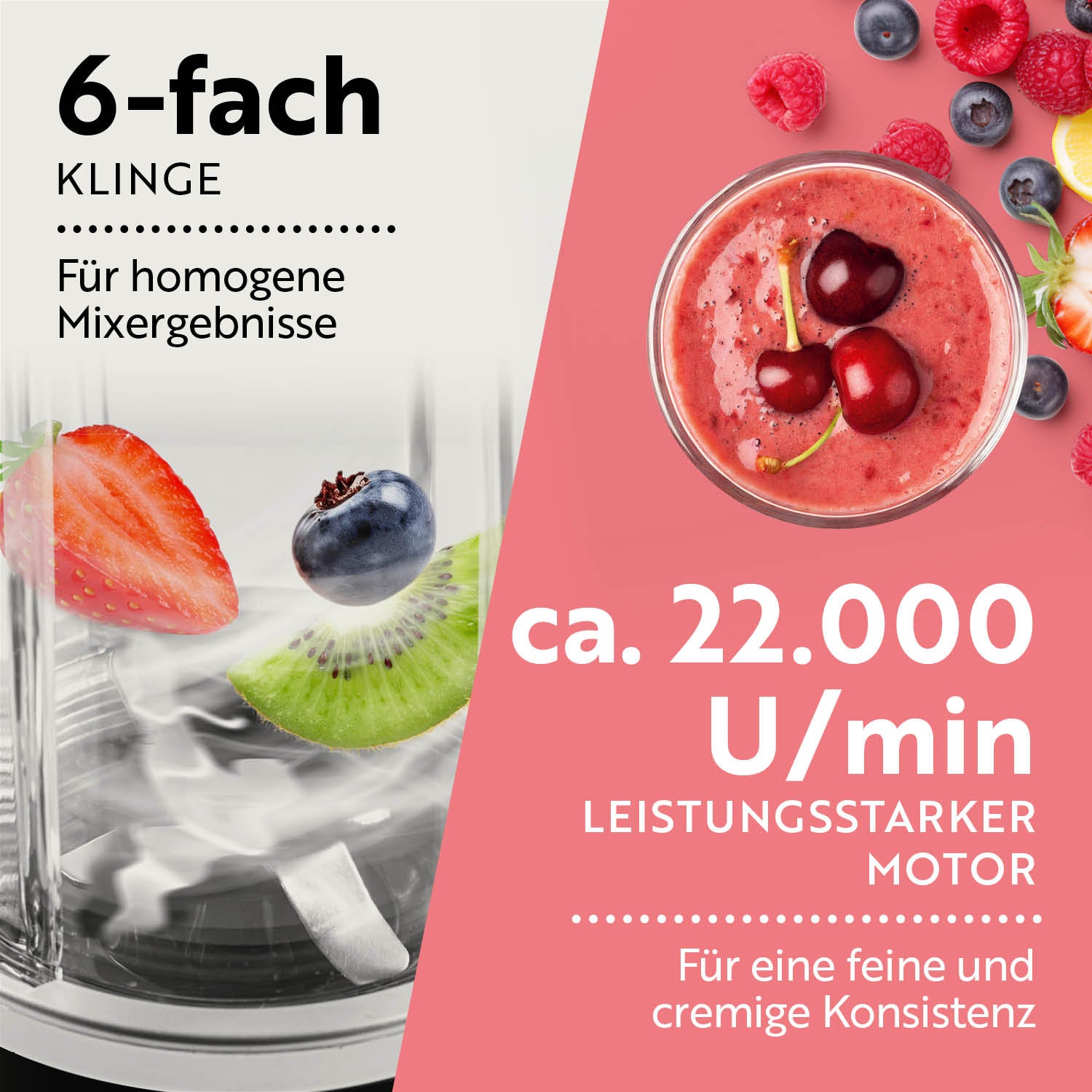 Nutrition Mixer Schwarz/Silber mit 6-fach Klinge und 22.000 U/min Motor für feine, cremige Mixergebnisse bei Obst und Smoothies.