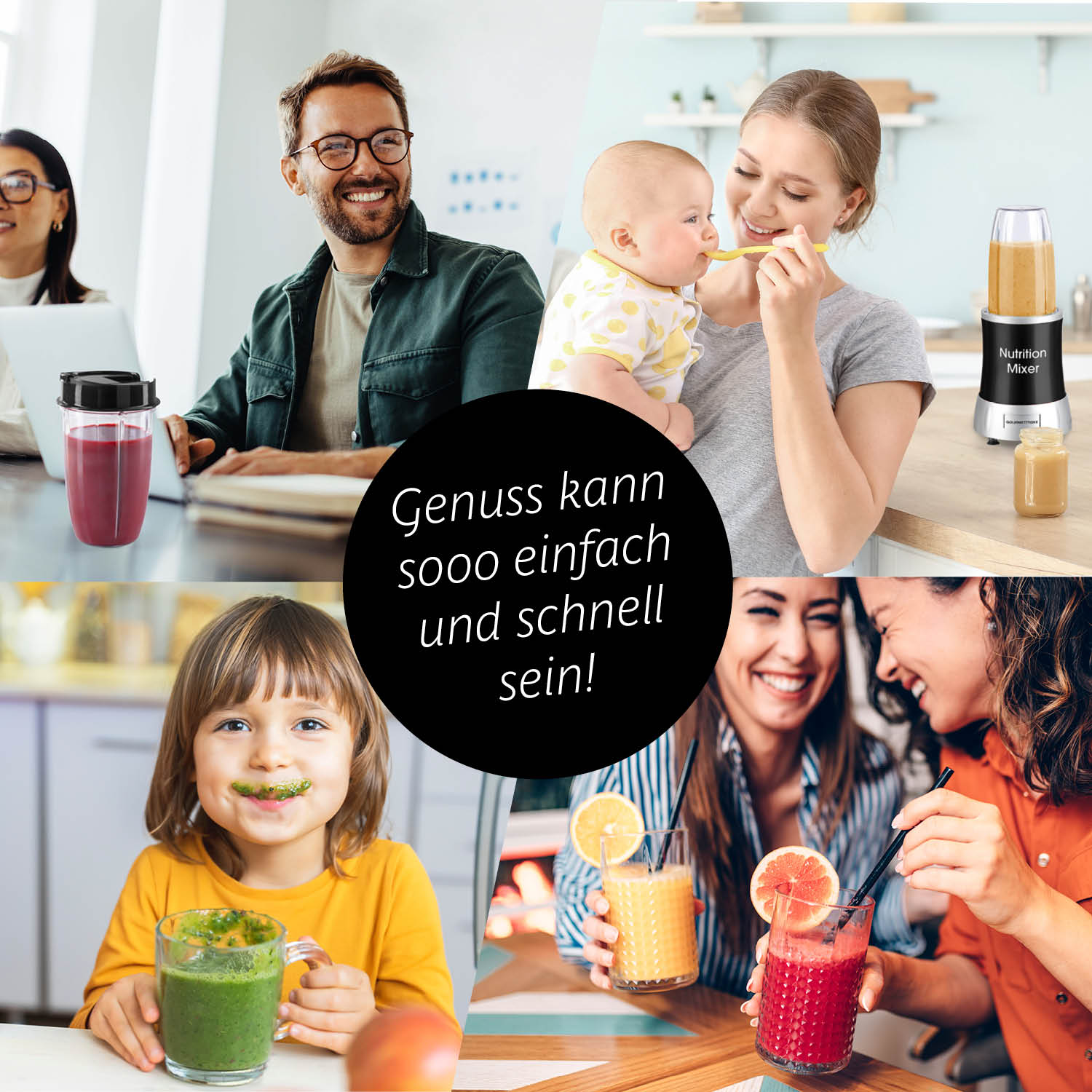 Nutrition Mixer Schwarz/Silber zeigt vielseitige Nutzung für frische Smoothies, Shakes und Babynahrung im modernen Küchenumfeld.
