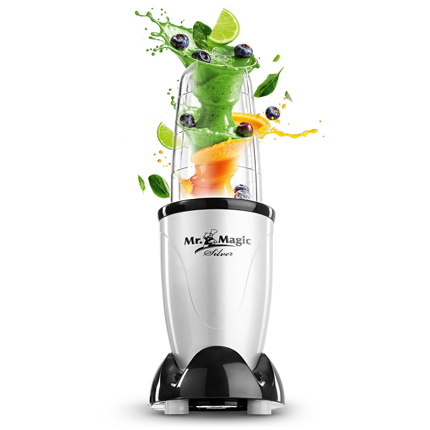 Mr. Magic Mixer Silber/Schwarz mit 400W Motor, 8 Funktionen, 500ml Behälter, ideal für Smoothies, Shakes und Pestos.