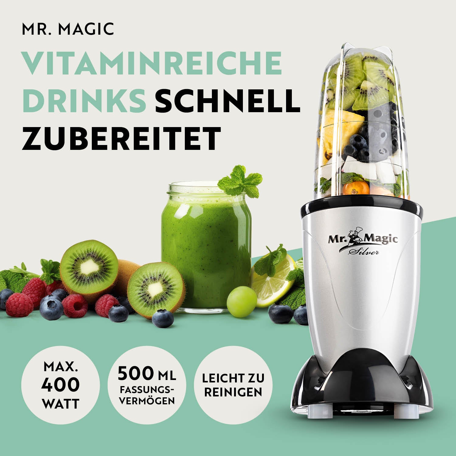 Mr. Magic Mixer Silber/Schwarz mit 400W Motor, 500ml Behälter, leicht zu reinigen für schnelle, vitaminreiche Drinks und Smoothies.