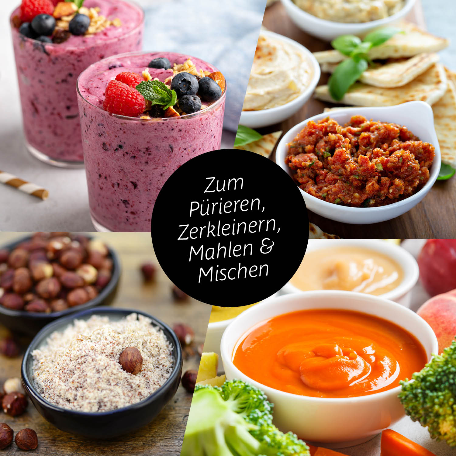 Mr. Magic Mixer Silber/Schwarz zeigt vielseitige Zubereitung von Smoothies, Pesto, Nussmischungen und pürierten Gerichten.