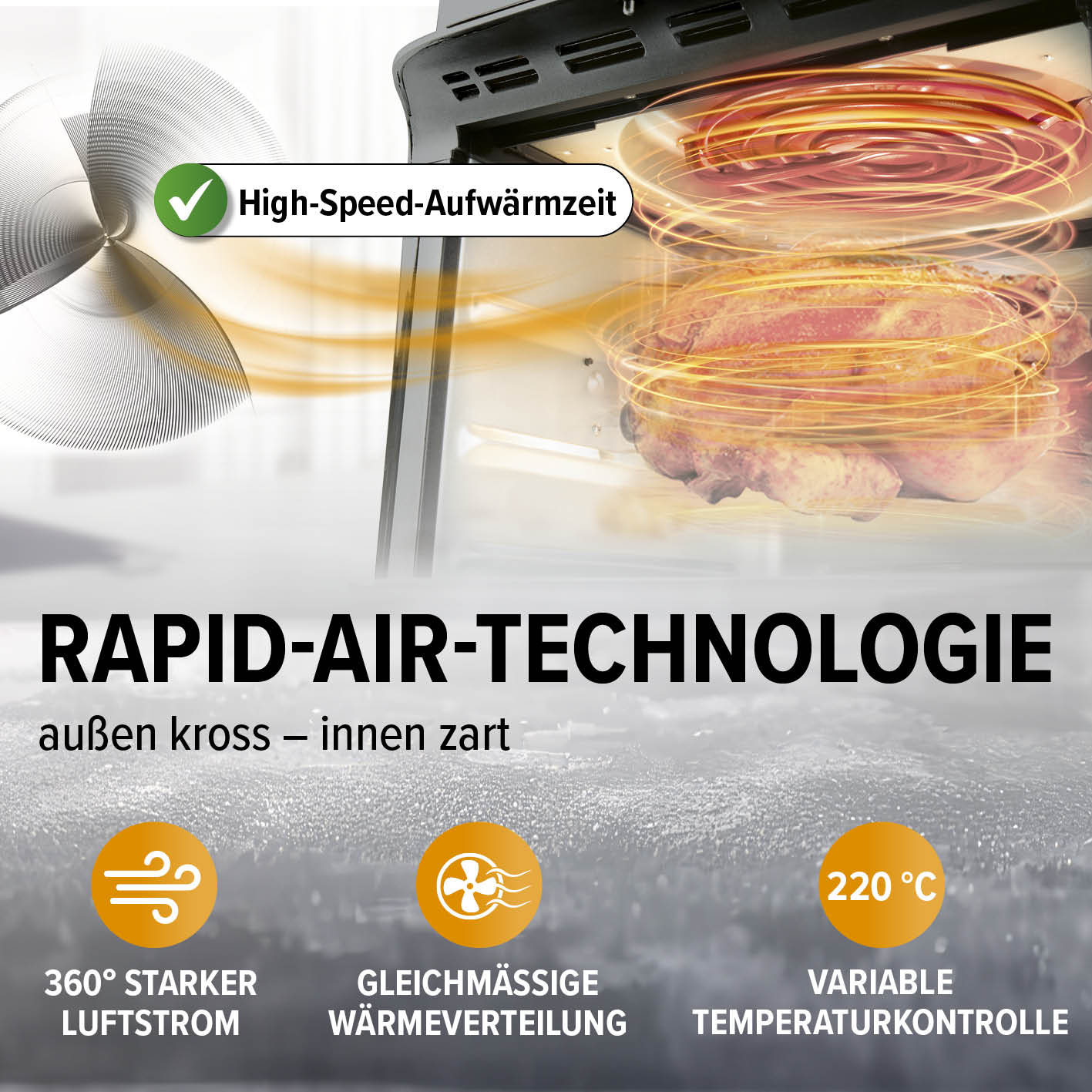 Digitale Heißluftfritteuse mit 360° Heißluft-Technologie, schnellem Aufwärmen und variabler Temperatur bis 220 °C für fettarmes Frittieren.