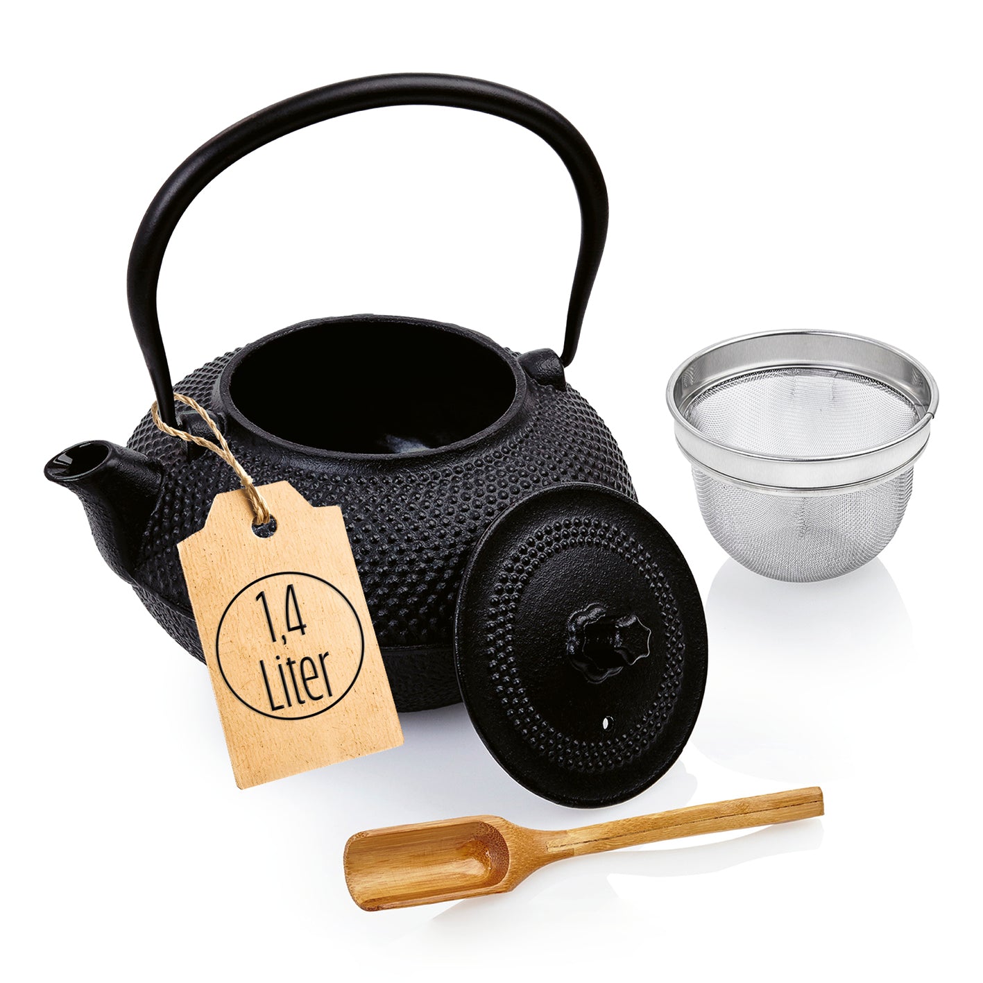 Geschirr-Set Asia Hobnail Design - 3-tlg. Gusseiserne Teekanne mit Bambuslöffel und Edelstahlsieb, japanisches Tetsubin-Design, 1,4l.