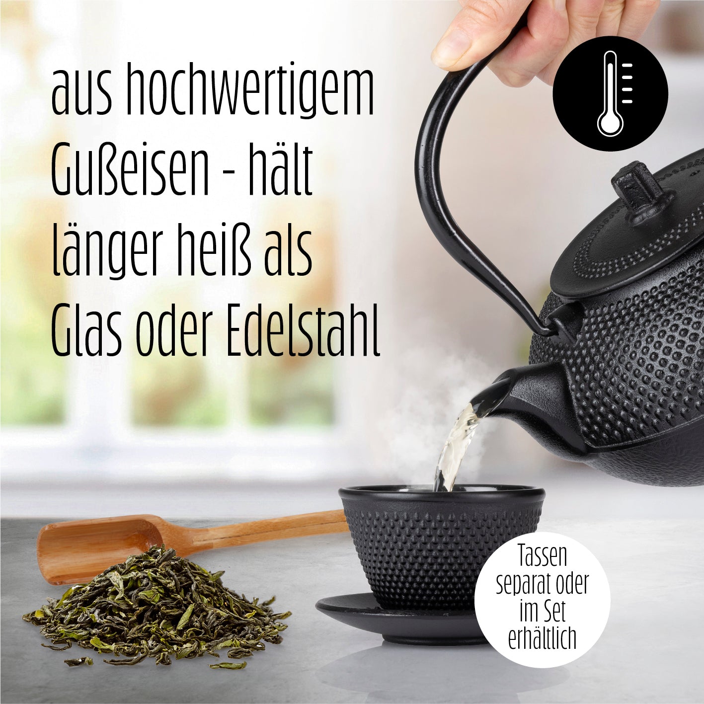 Geschirr-Set Asia Hobnail Design - 3-tlg. -Gusseisen Teekanne aus robustem Gusseisen mit Bambuslöffel und Edelstahlsieb für asiatischen Teegenuss.