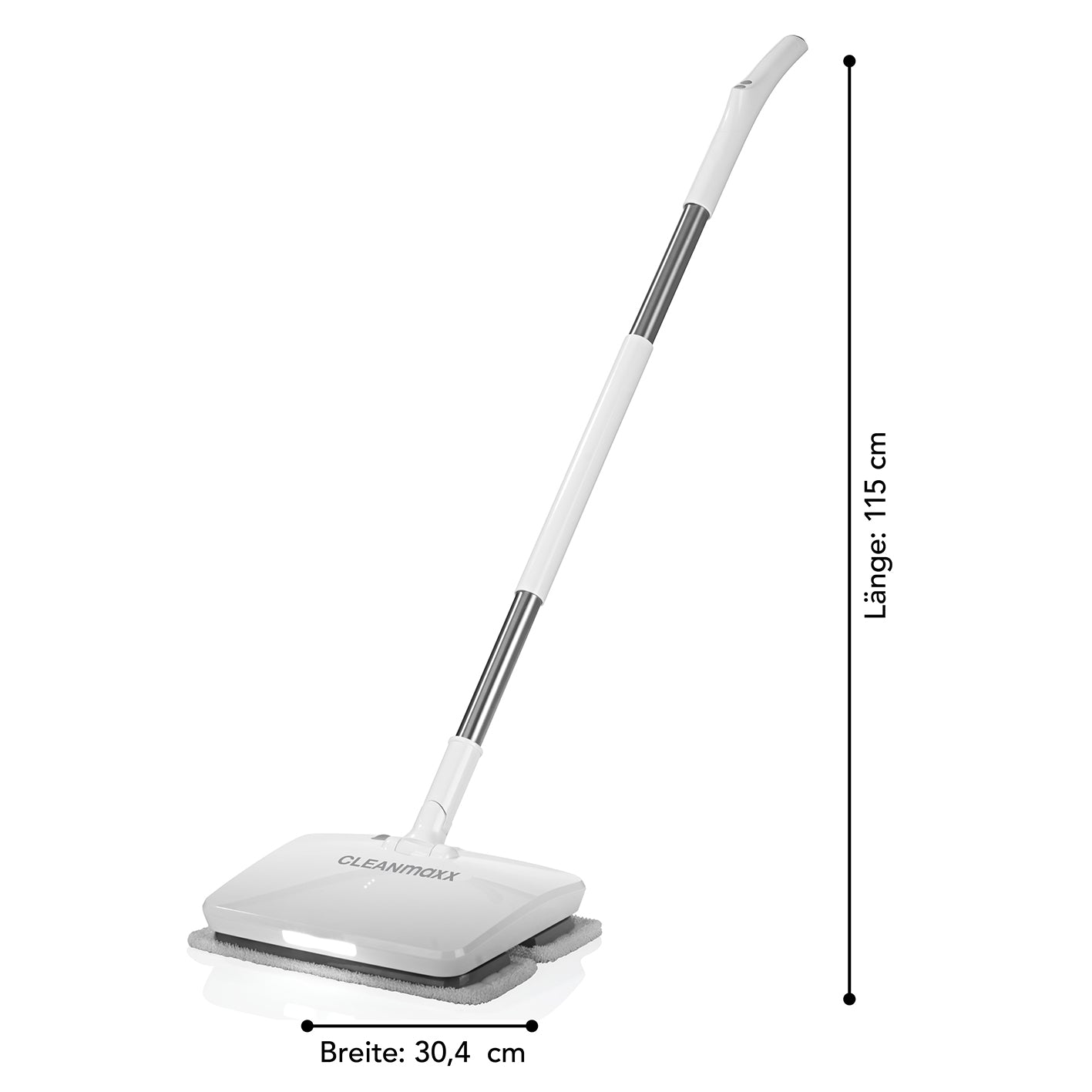 Akku-Vibrationsmopp - Weiß mit LED-Beleuchtung, kabellos, 115 cm lang, 30,4 cm breit, für empfindliche Böden geeignet.