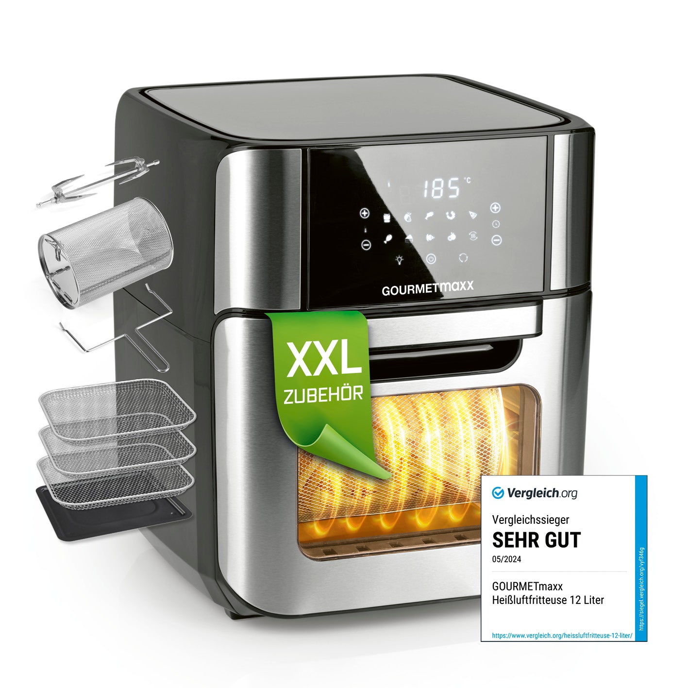 Digitale Heißluftfritteuse - 12 l - Edelstahl/Schwarz mit 9 Funktionen, Drehspieß, Touchdisplay und energiesparender Rapid Air Technologie.