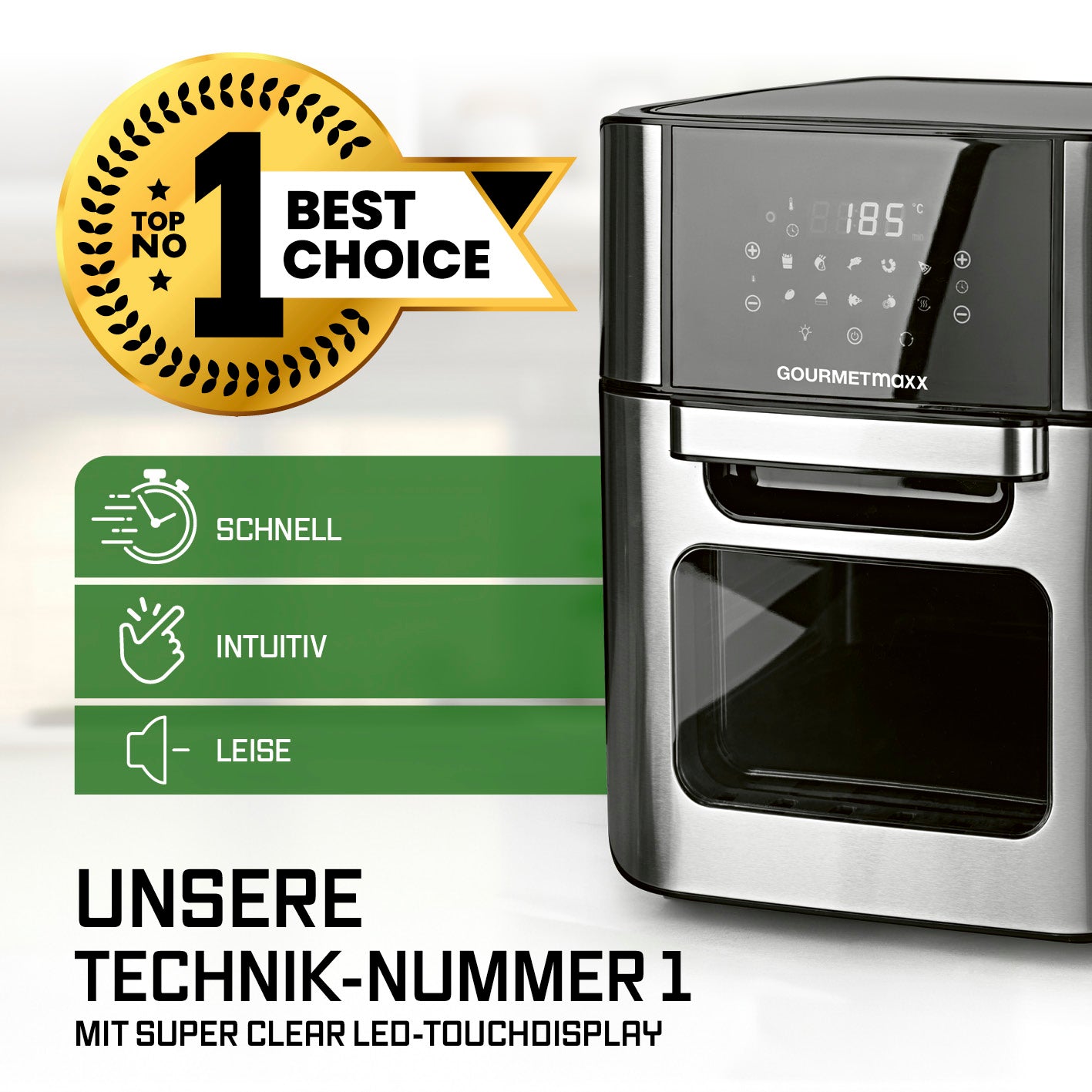 Digitale Heißluftfritteuse - 12 l - Edelstahl/Schwarz mit LED-Touchdisplay, schnell, intuitiv und leise, Top Nr. 1 Technik.