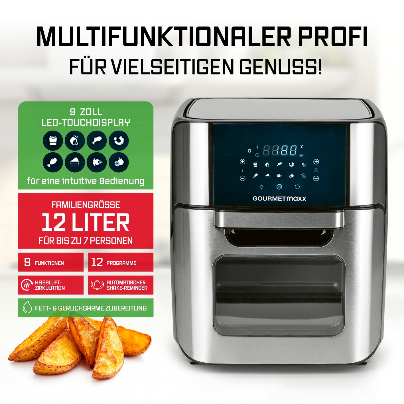 Digitale Heißluftfritteuse - 12 l - Edelstahl/Schwarz mit 9 Funktionen, 12 Programmen und 360° Rapid Air Technologie für fettarmes Frittieren.