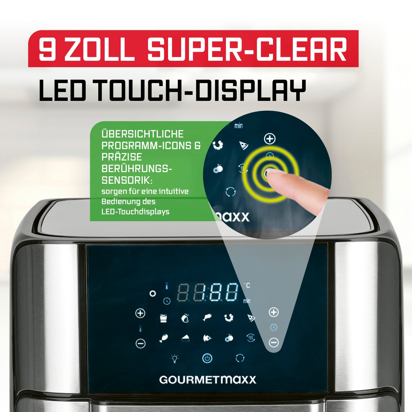 Digitale Heißluftfritteuse - 12 l - Edelstahl/Schwarz mit 9 Zoll LED Touch-Display und präziser Berührungssensorik für einfache Bedienung.