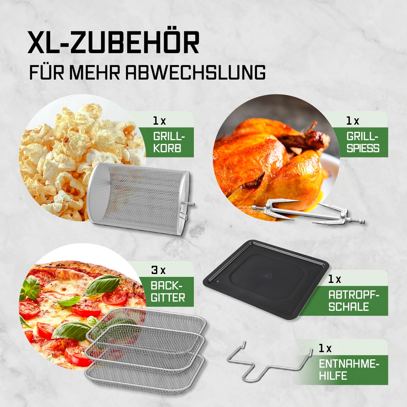 Digitale Heißluftfritteuse - 12 l - Edelstahl/Schwarz mit Zubehör für Grillspieß, Backgitter, Grillkorb und Abtropfschale.