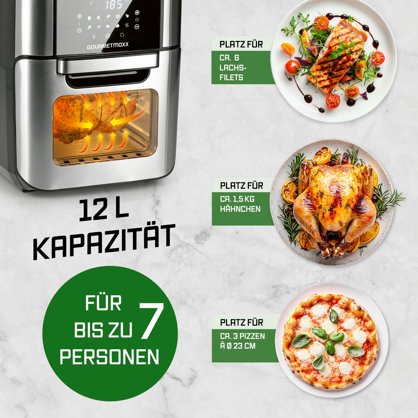 Digitale Heißluftfritteuse - 12 l - Edelstahl/Schwarz mit 12 L Kapazität für bis zu 7 Personen, ideal für Hähnchen, Pizza und Lachsfilets.