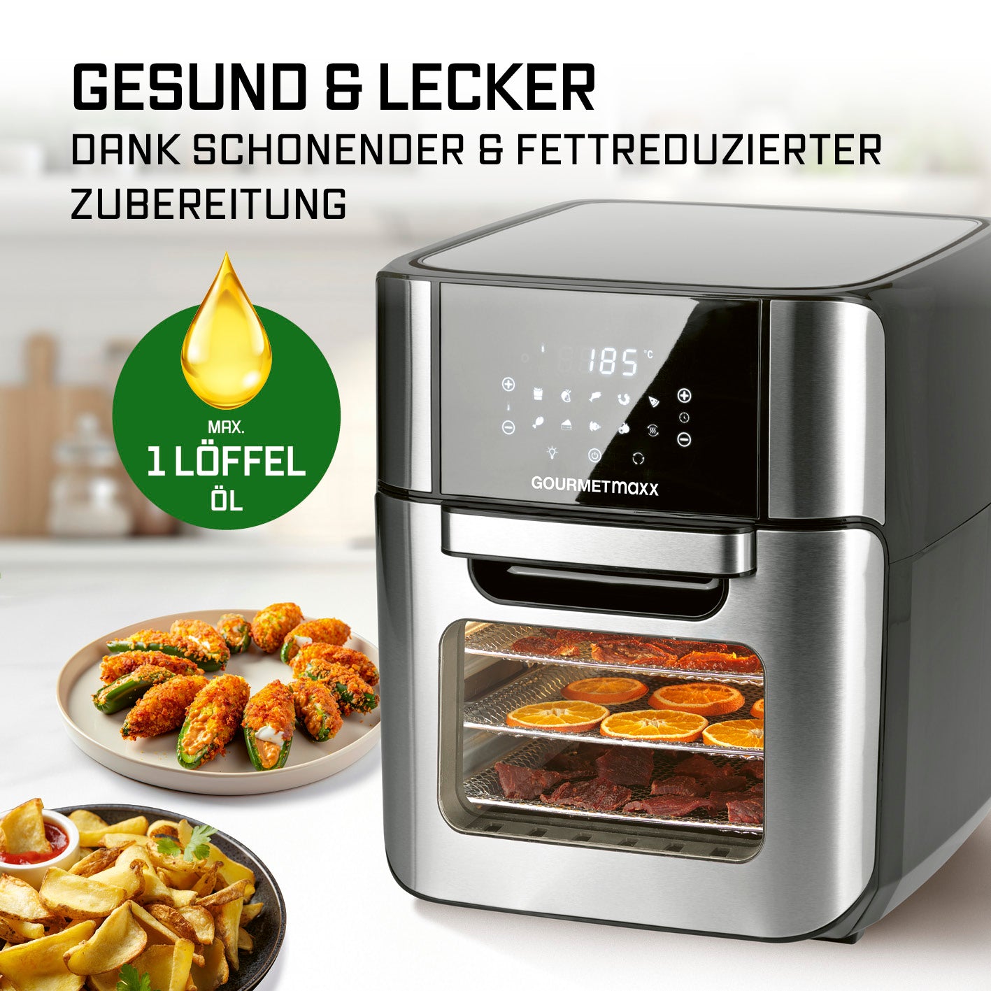 Digitale Heißluftfritteuse - 12 l - Edelstahl/Schwarz mit Touchdisplay, fettarmer Zubereitung und 360° Rapid Air Technology.