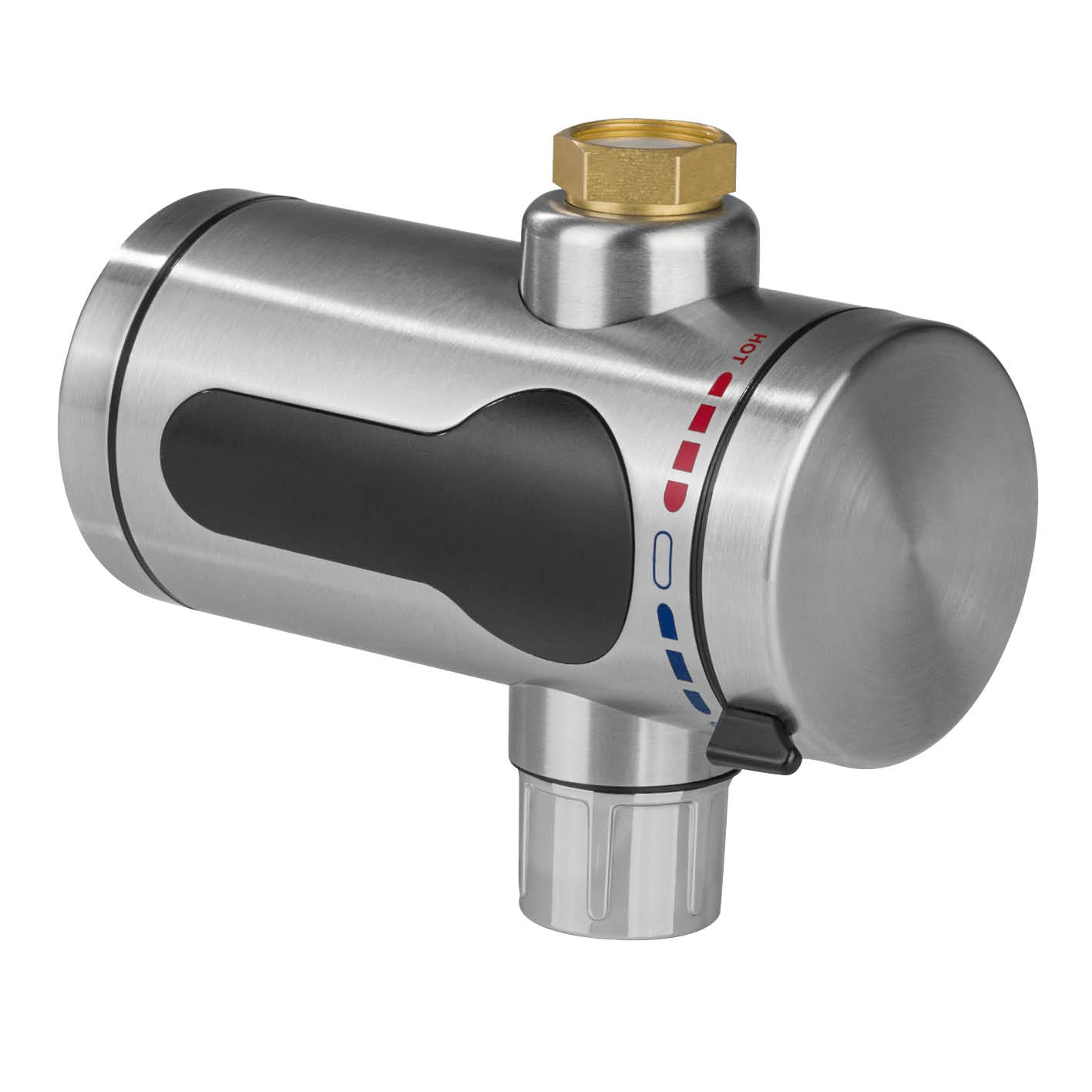 Edelstahl-Durchlauferhitzer mit robuster Edelstahlhülle, LED-Anzeige und einfacher Installation für sofort warmes Wasser im Außenbereich.