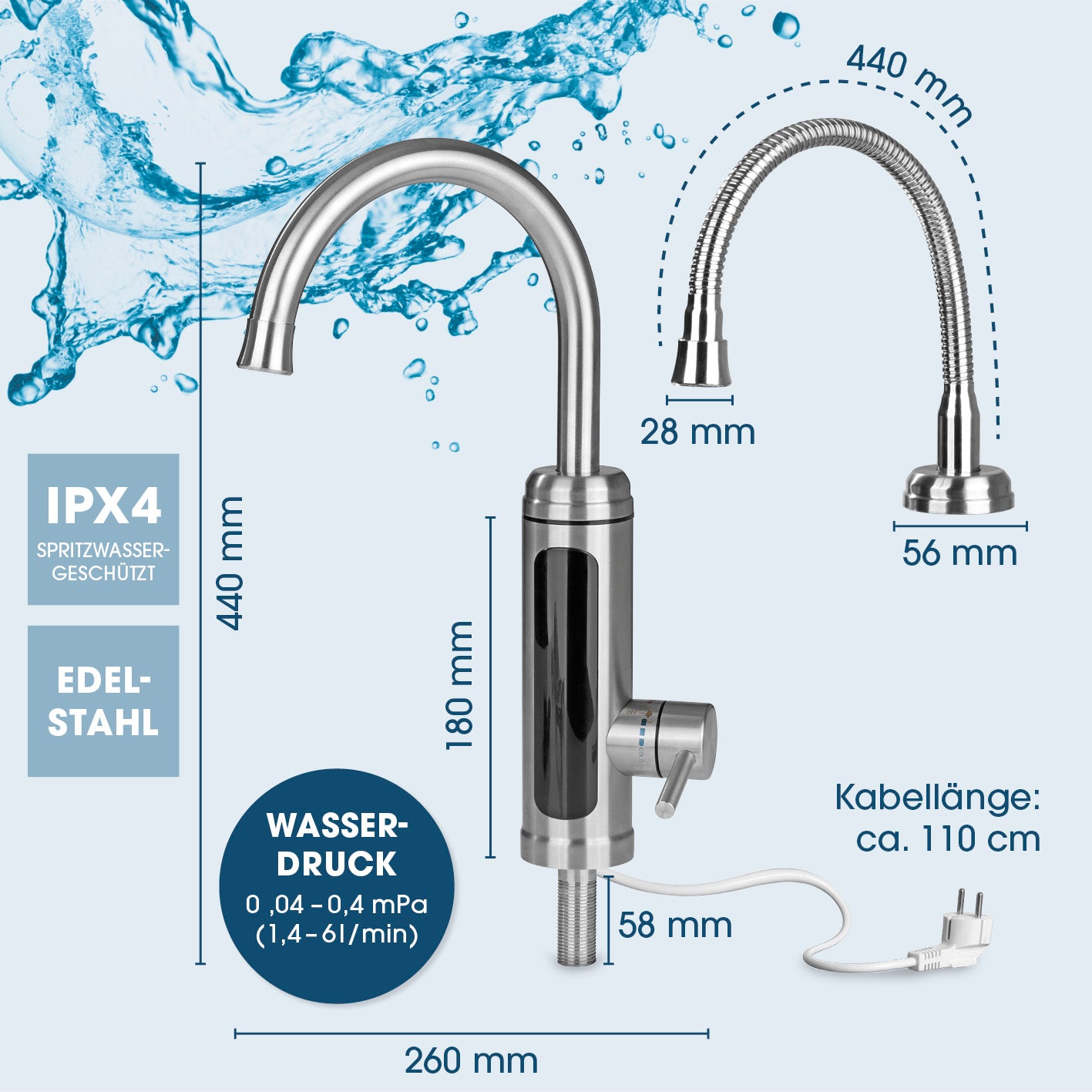 elektrische Edelstahl-Armatur mit integriertem Durchlauferhitzer, 3600W, LED-Temperaturanzeige, 2 wechselbare Aufsätze, IPX4 geschützt, Kabellänge 110 cm