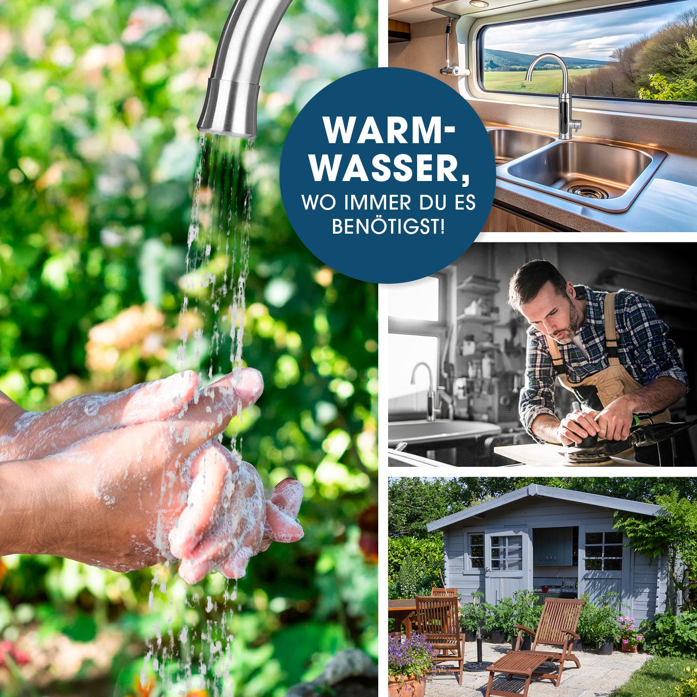 Elektrische Edelstahl-Armatur mit integriertem Durchlauferhitzer, liefert schnell warmes Wasser für Garten, Werkstatt und Küche.