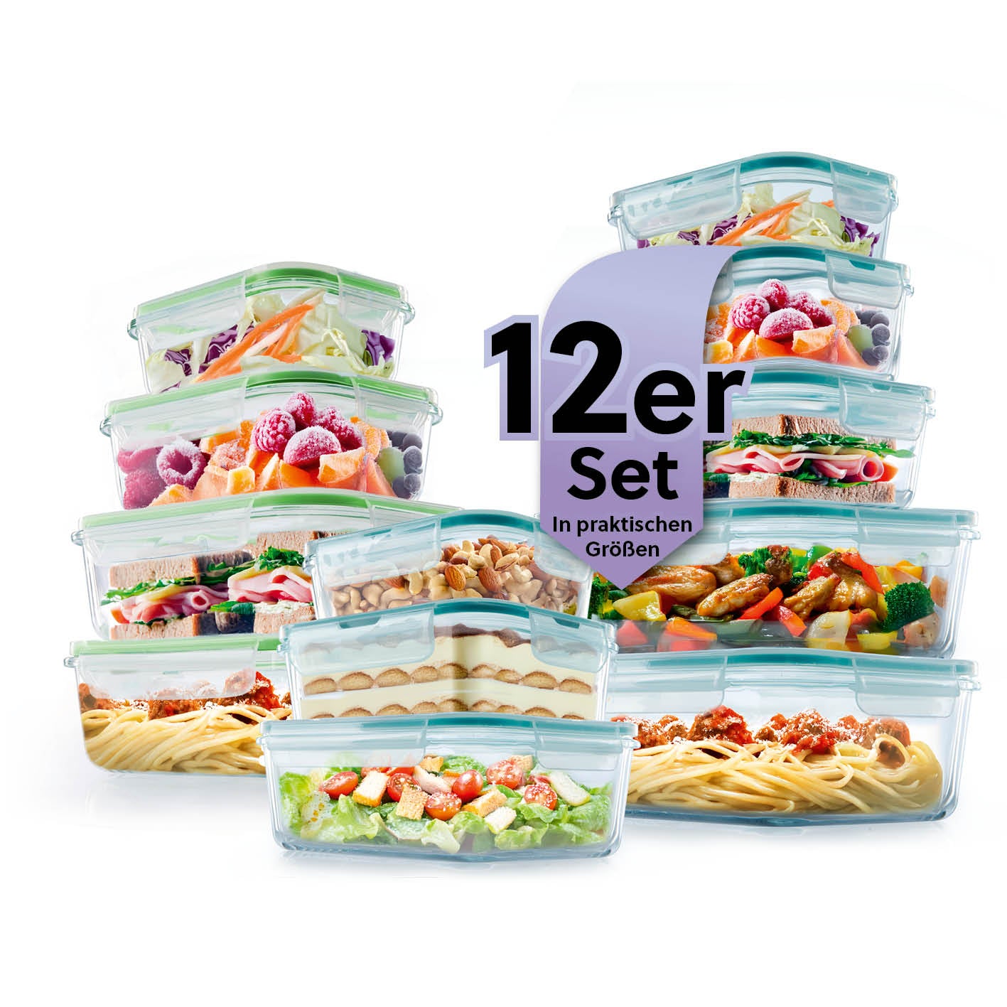Frischhaltedosen Klick-it - 24-tlg. - Grün/Mint, 12 luftdichte Glasboxen in verschiedenen Größen für Meal Prep und Aufbewahrung.