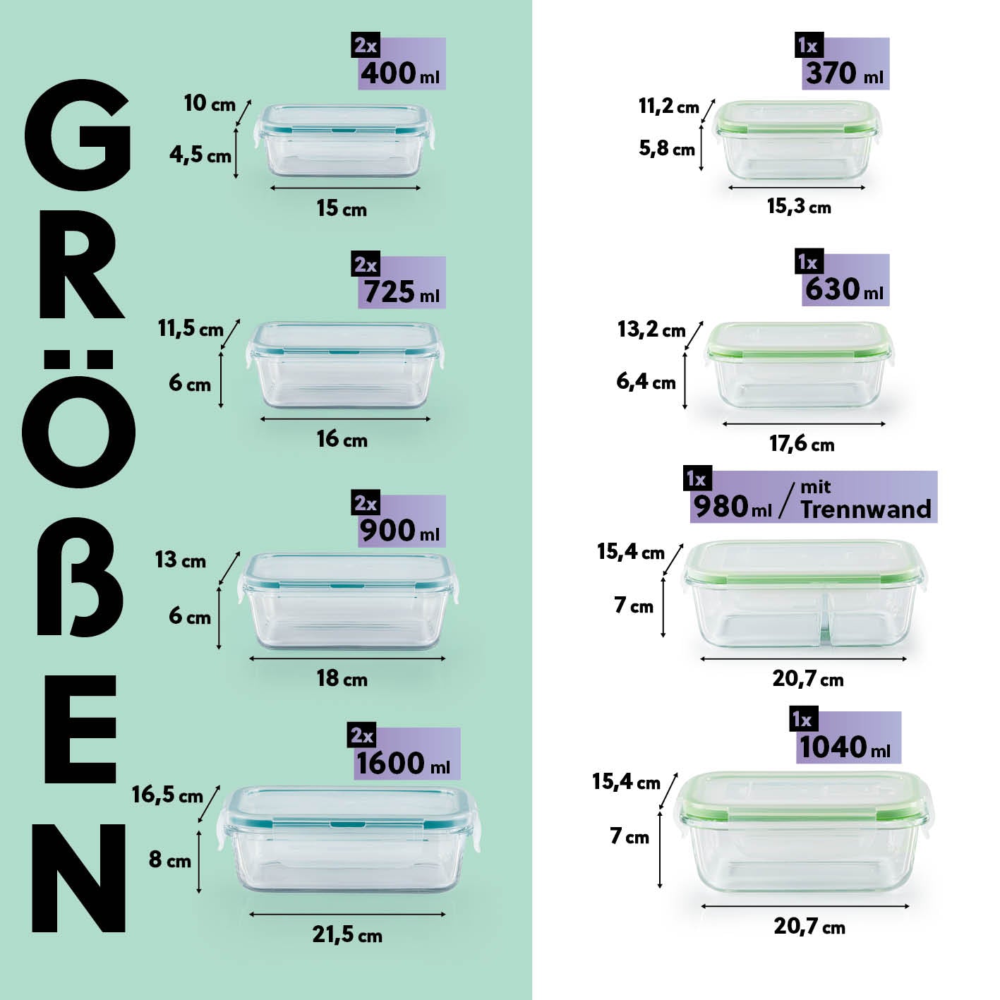 Frischhaltedosen Klick-it - 24-tlg. - Grün/Mint, 8 Größen, luftdicht, auslaufsicher, robust, ideal für Meal Prep und platzsparende Aufbewahrung.