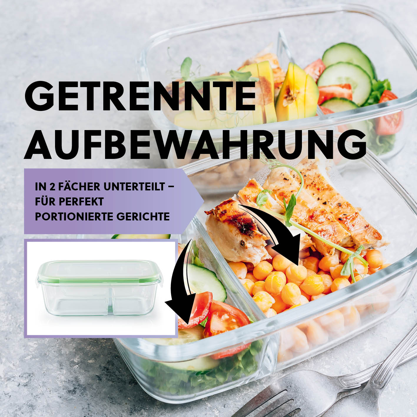 Frischhaltedosen Klick-it - 24-tlg. - Grün/Mint luftdichte Glasdosen mit zwei Fächern für getrennte Aufbewahrung von Mahlzeiten.