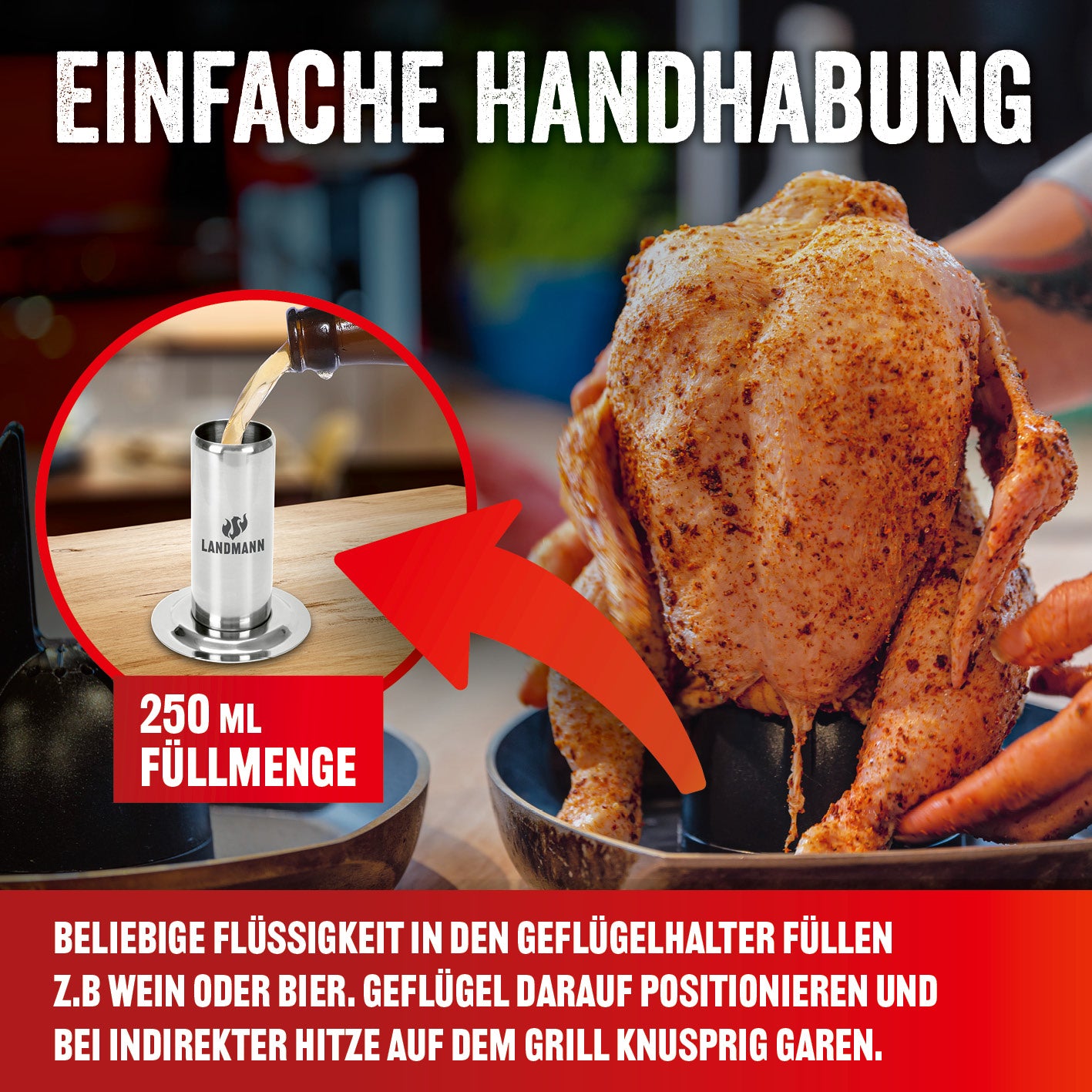 Selection Hähnchenhalter aus Edelstahl mit 250 ml Behälter zum Aromatisieren von Geflügel im Grill und Backofen.