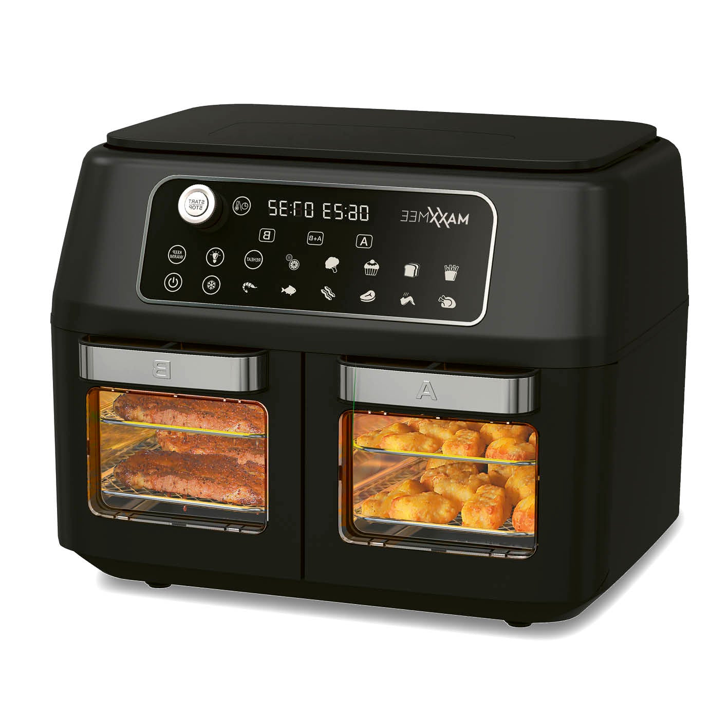 Doppelkammer-Heißluftfritteuse mit 2 Garzonen, Touchdisplay, 2400W, 360°-Heißluft-Technologie und vielfältigen Kochprogrammen.