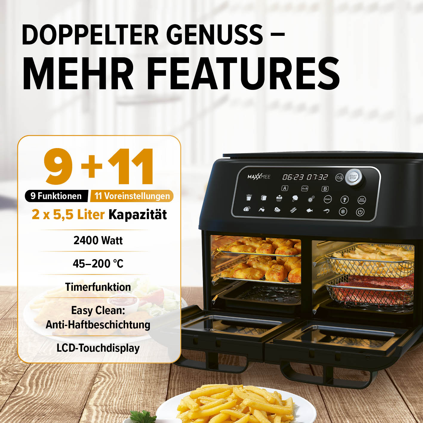 Doppelkammer-Heißluftfritteuse mit 2x5,5L, 2400W, 9 Funktionen, LCD-Touchdisplay und 45-200°C Temperaturbereich.
