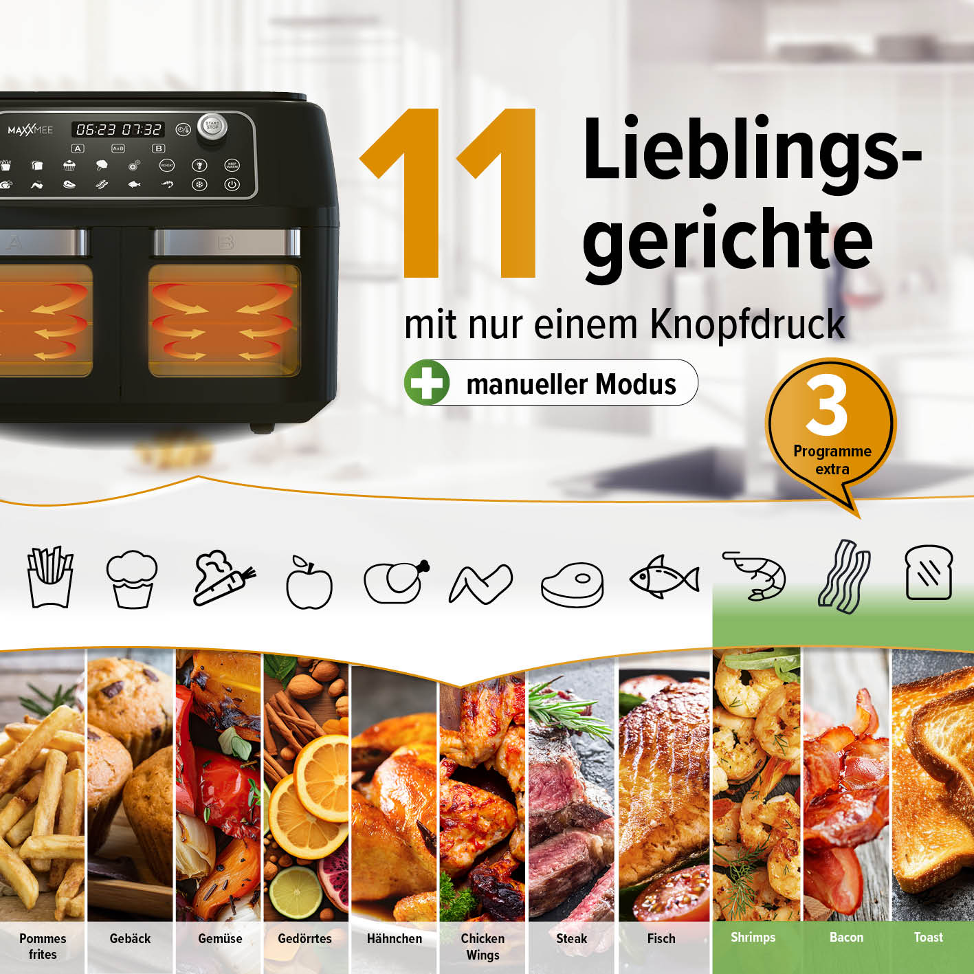 Doppelkammer-Heißluftfritteuse mit 2 Garzonen, 11 Programmen, manueller Modus und Touchdisplay für fettarmes Frittieren und vielfältige Gerichte.