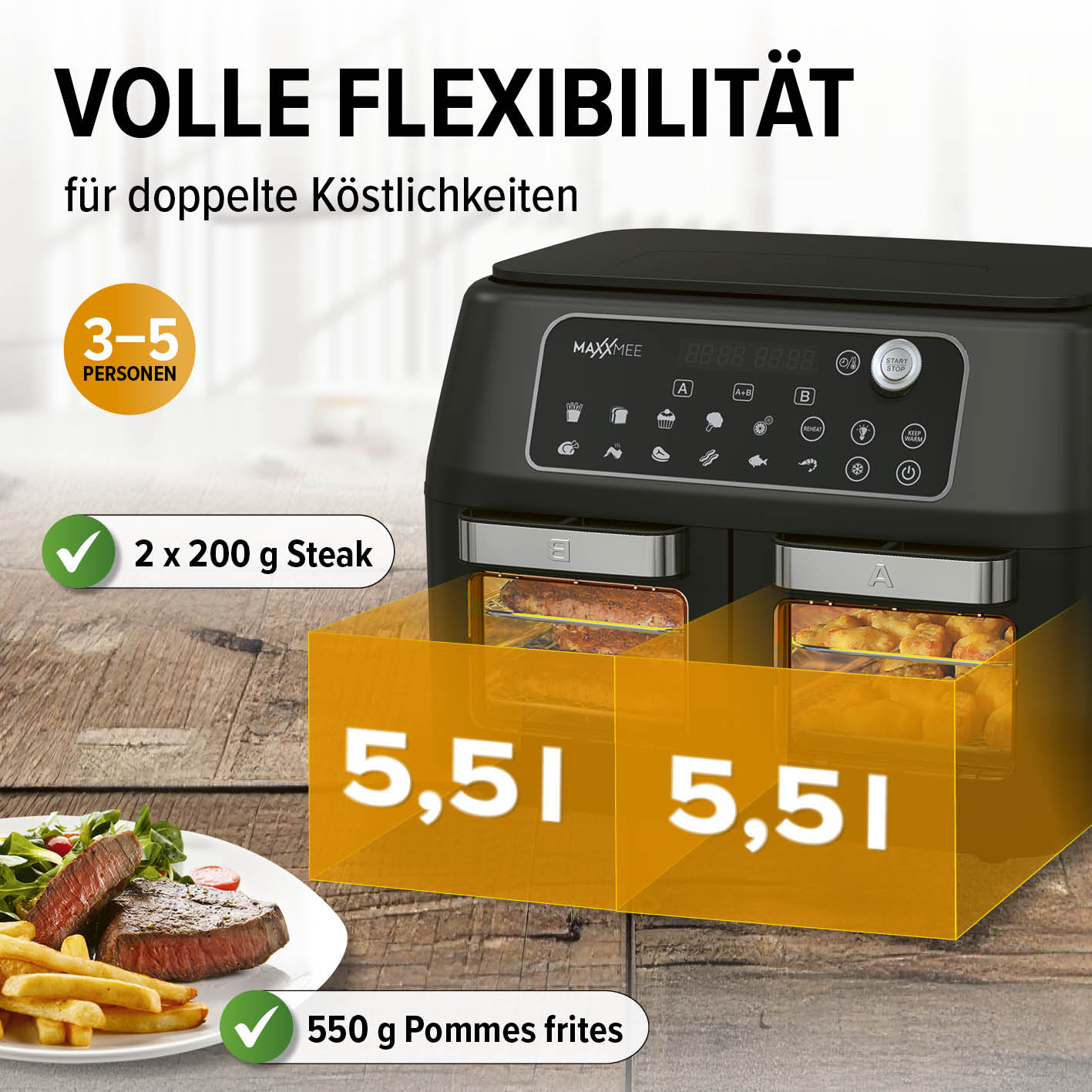 Doppelkammer-Heißluftfritteuse mit 2x5,5 l Kapazität, 360° Heißluft und 9 Programmen für fettarmes Garen.